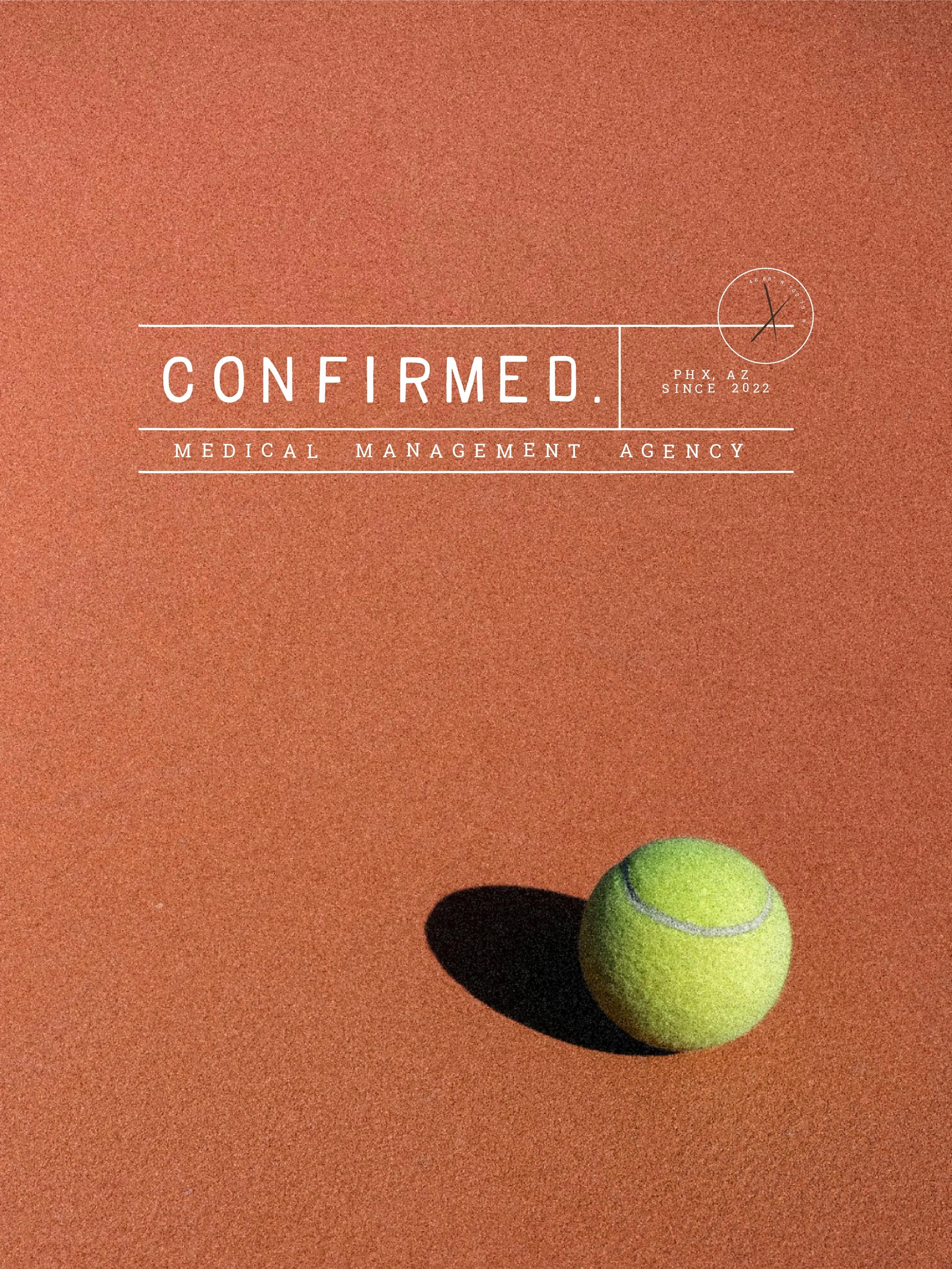 logo for "Confirmed Medical" on top of background of tennis court with tennis ball