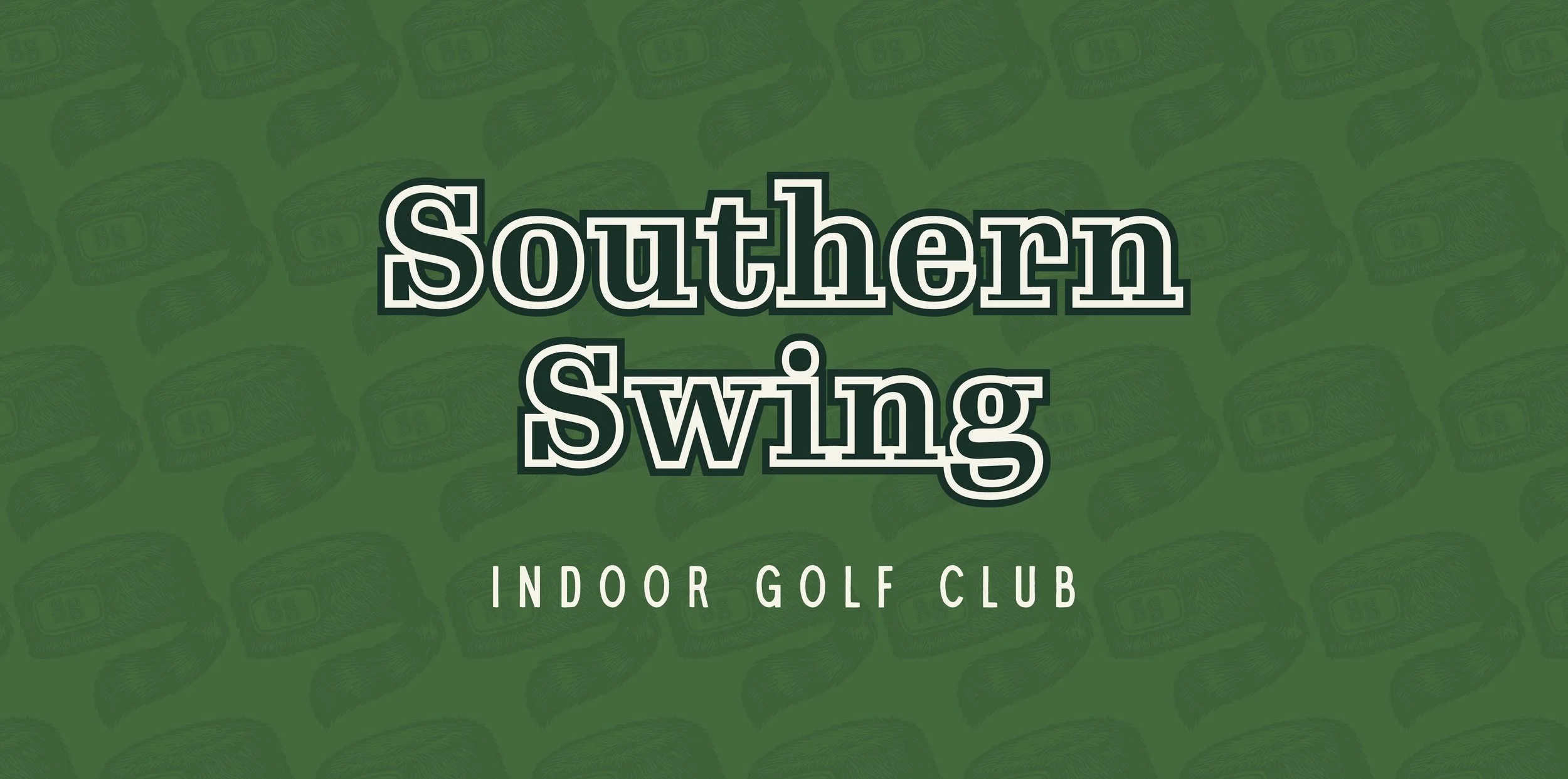 Green promotional graphic for Southern Swing Indoor Golf Club featuring golf club illustrations in the background and the text "Southern Swing Indoor Golf Club" in bold black and white letters.