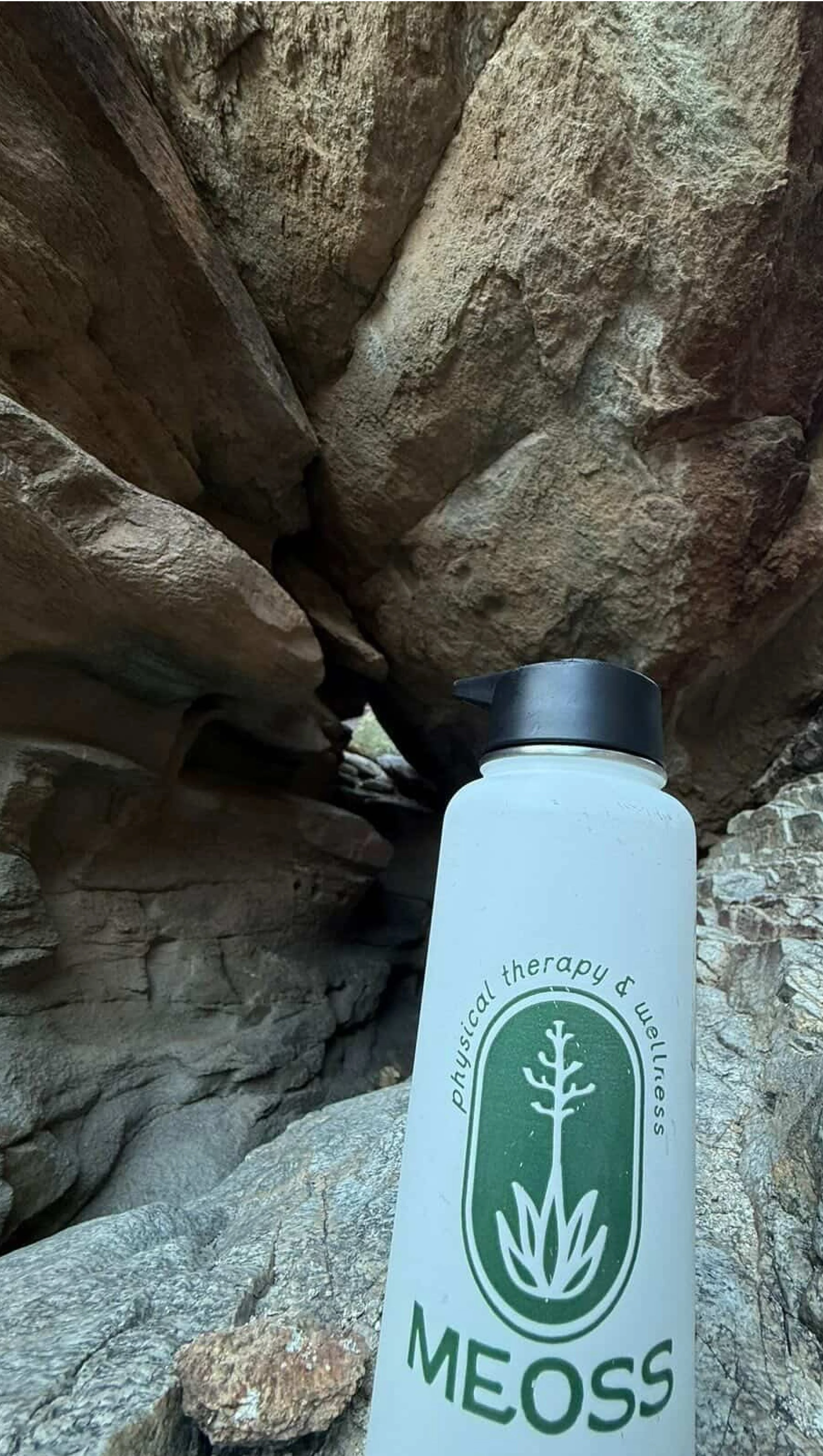 waterbottle with meoss logo placed on a hike with a rocky background