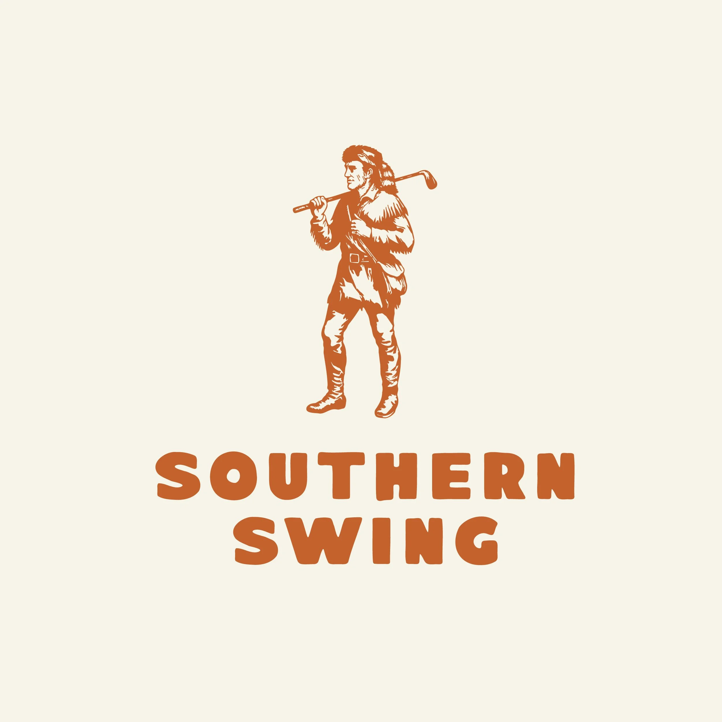 Vintage-style drawing of a man in cowboy attire holding a golf club over his shoulder, with the text "Southern Swing" below.