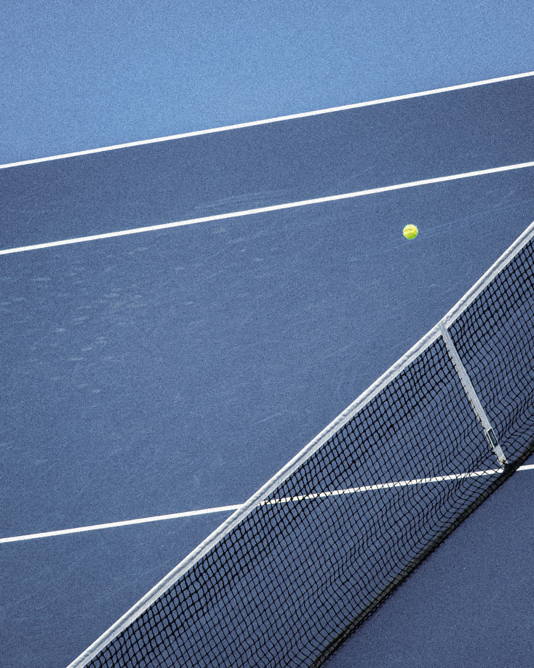 blue tennis court background with lines, net, and tennis ball