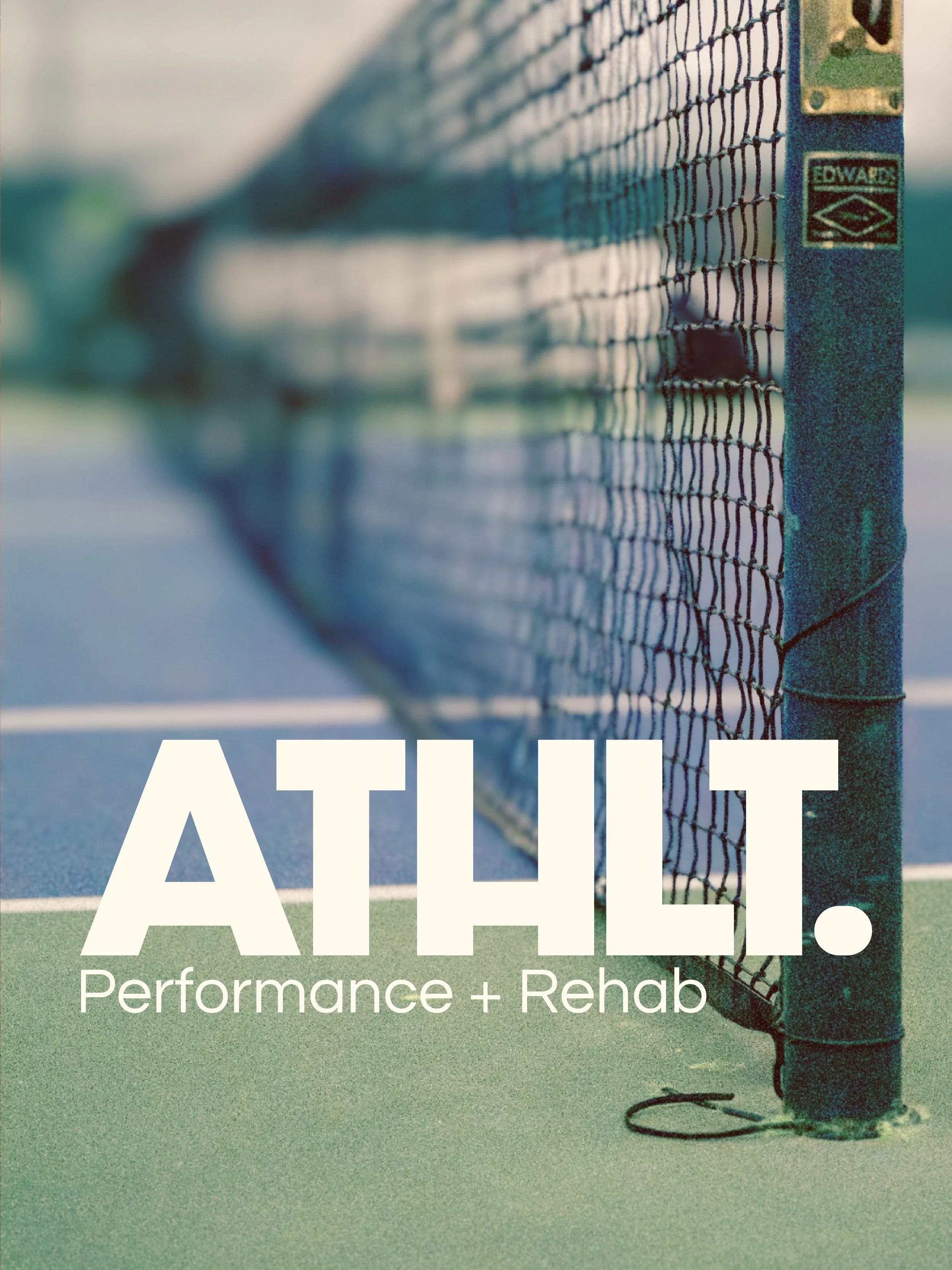 ATHLT. Performance and Rehab logo on top of tennis court background