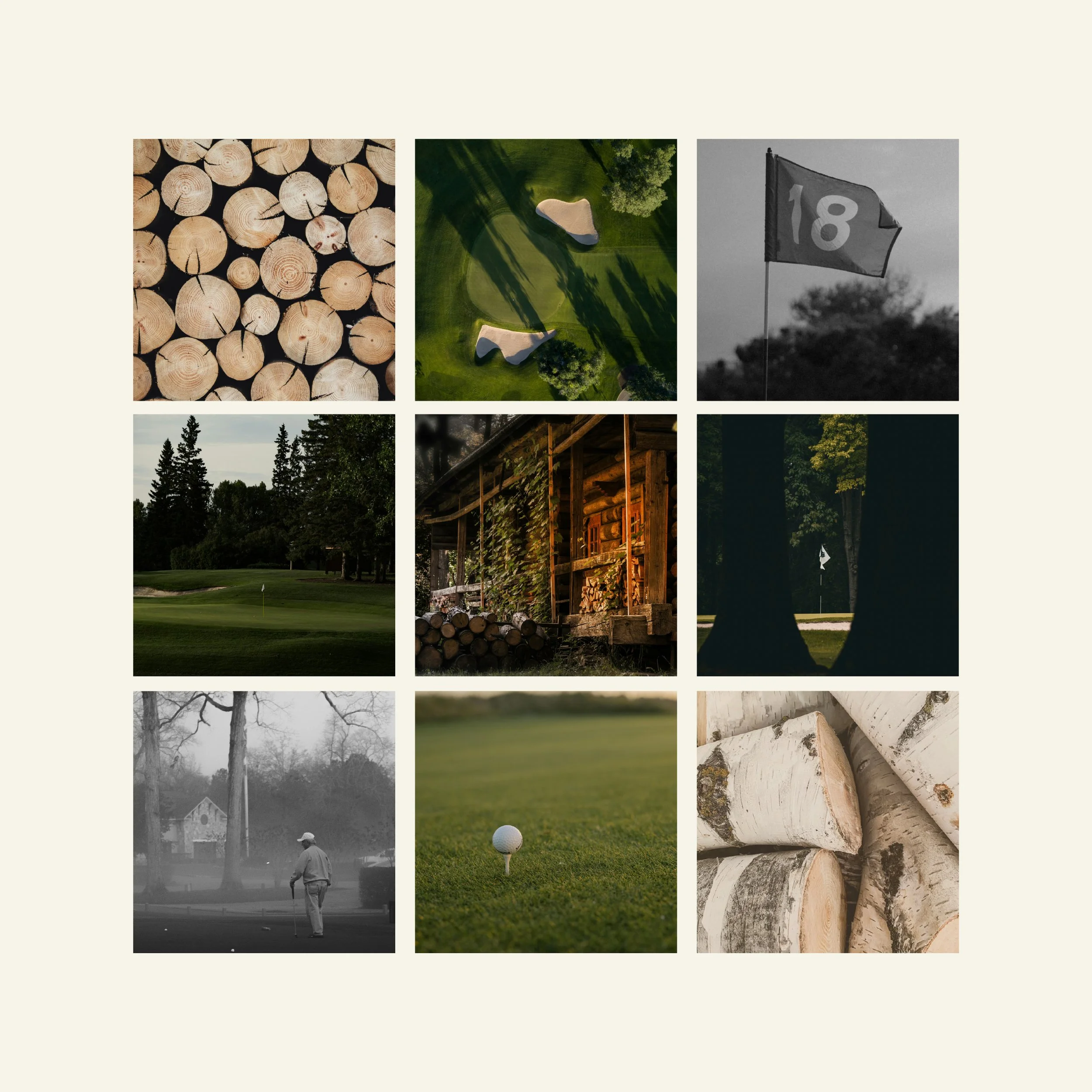 Collection of images related to golf, including logs, a golf course with flag, sand traps, trees, a person playing golf, a golf ball on grass, and stacked logs.