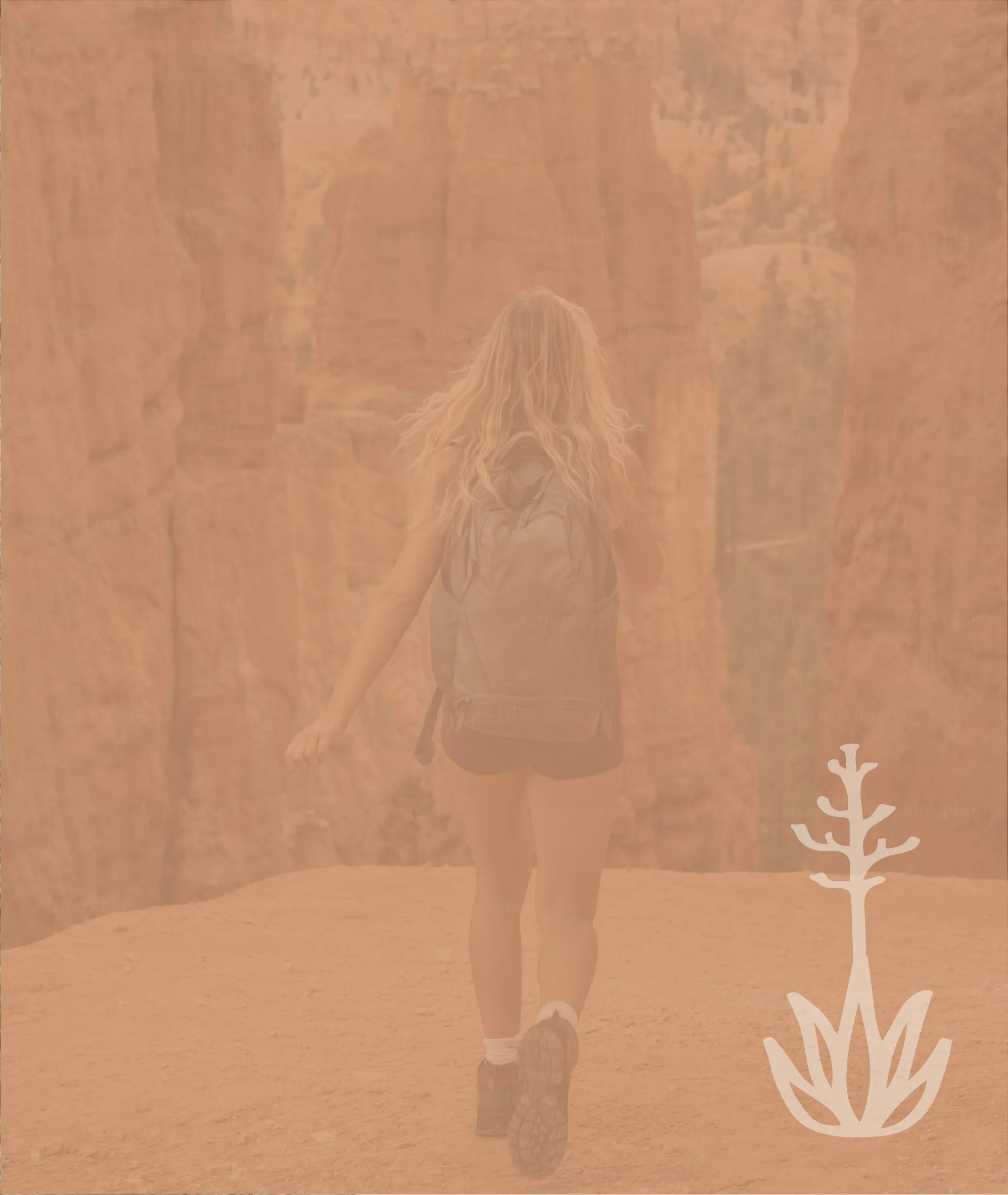 woman hiking at arches with the meoss agave icon placed on top