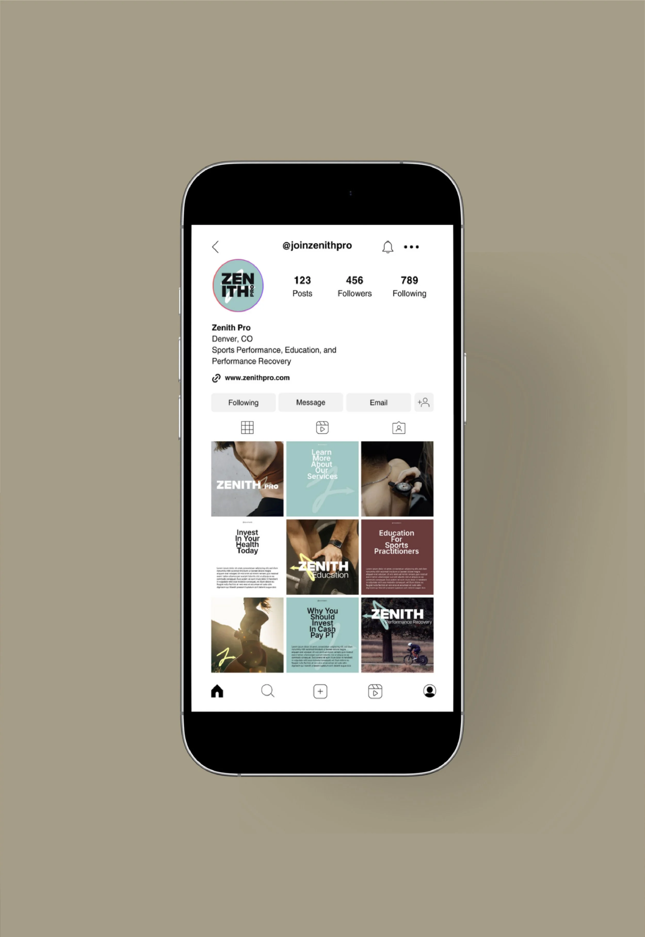 mock up of zenith pro instagram design on an iphone