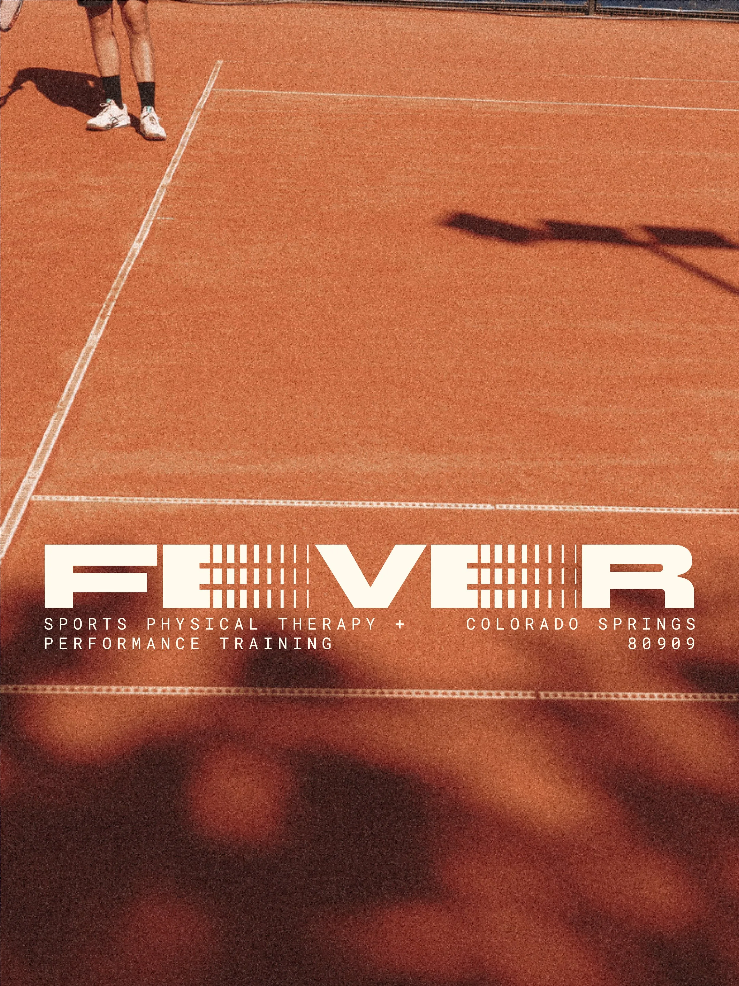 logo for "Fever Sports Physical Therapy and Performance Training" on top of clay tennis court background