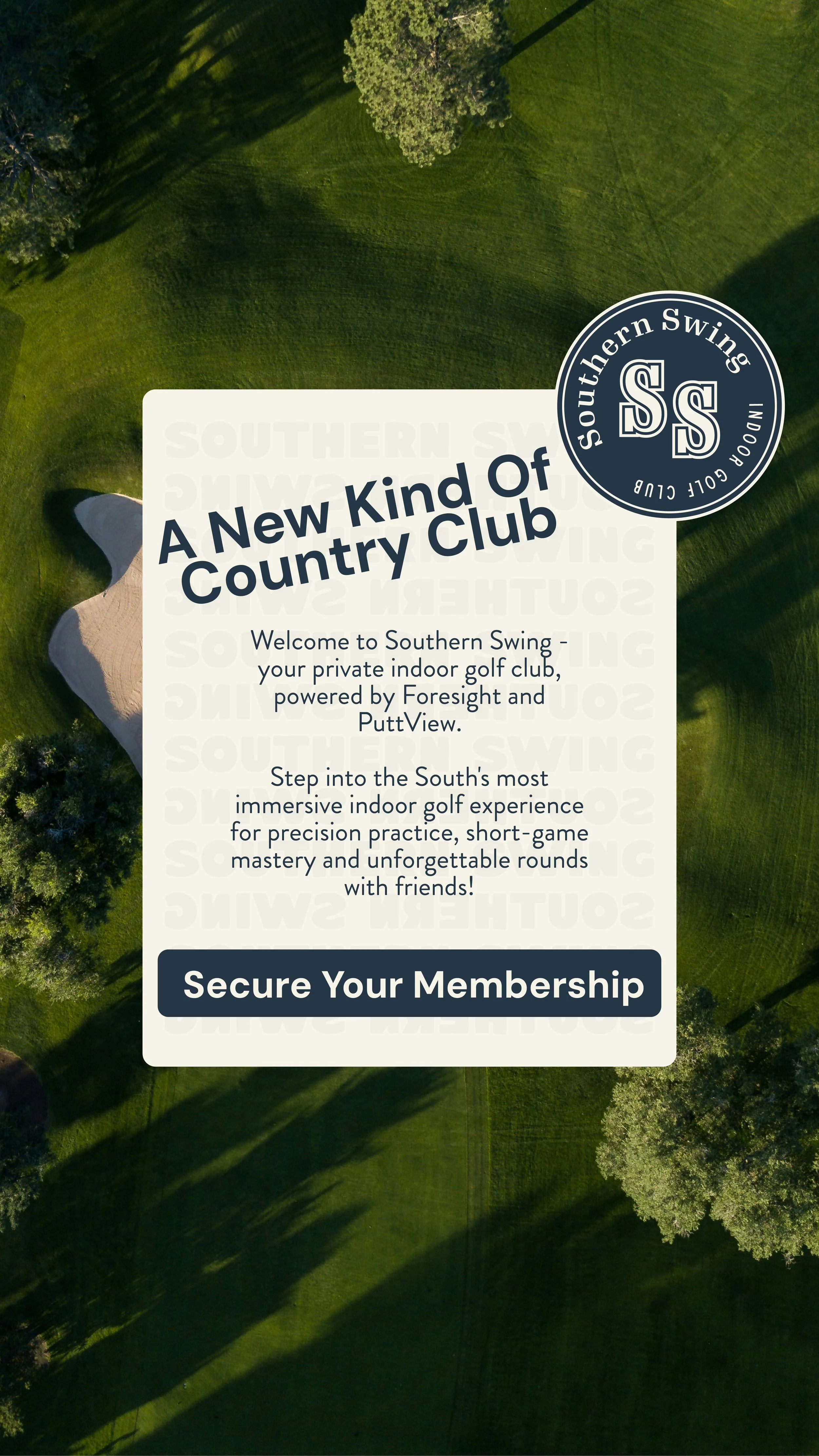 marketing material for southern swing indoor golf simulator on top of aerial view of golf course