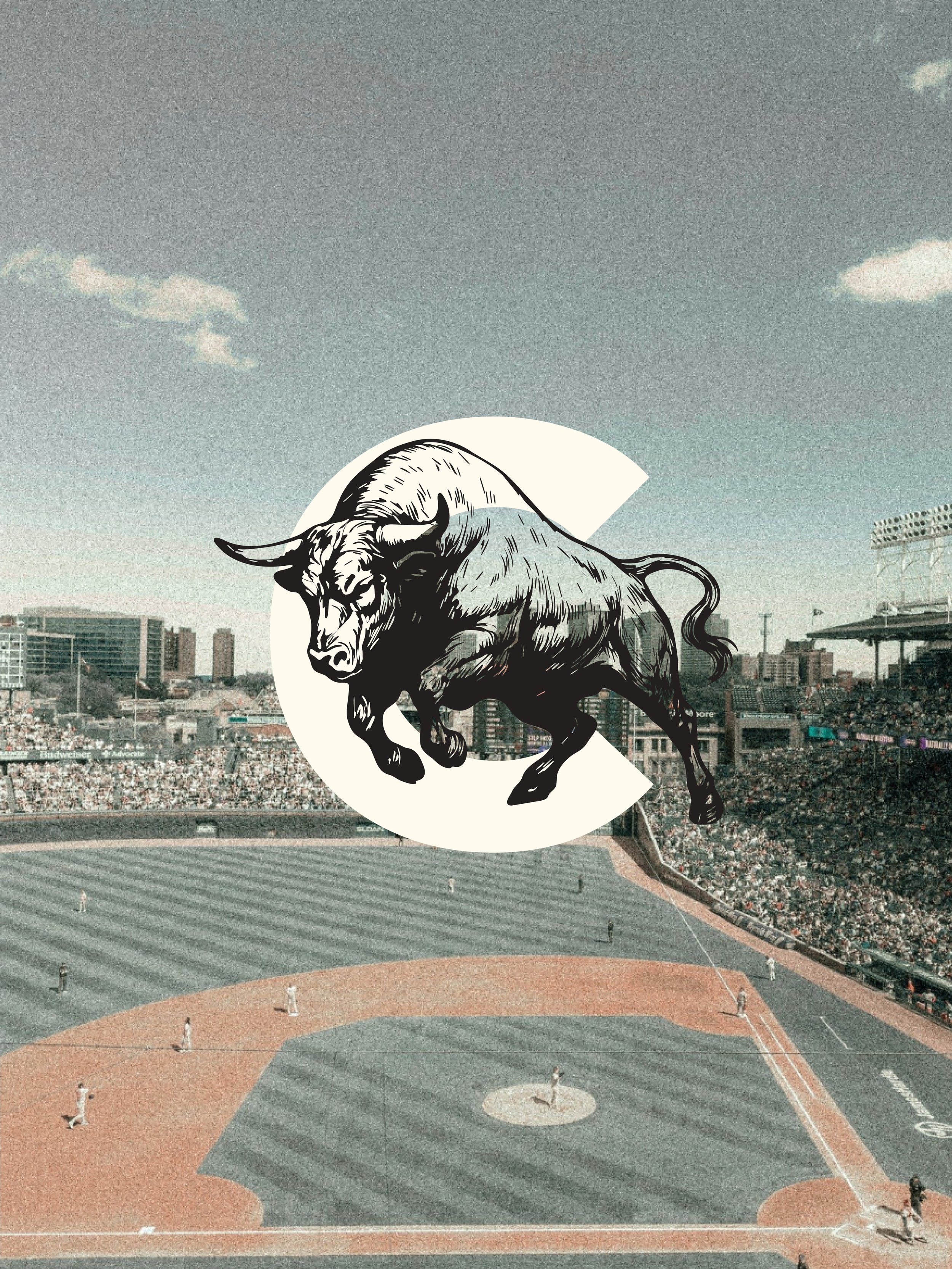 Logo of modern C with drawing of bull placed on top over a background of a baseball stadium