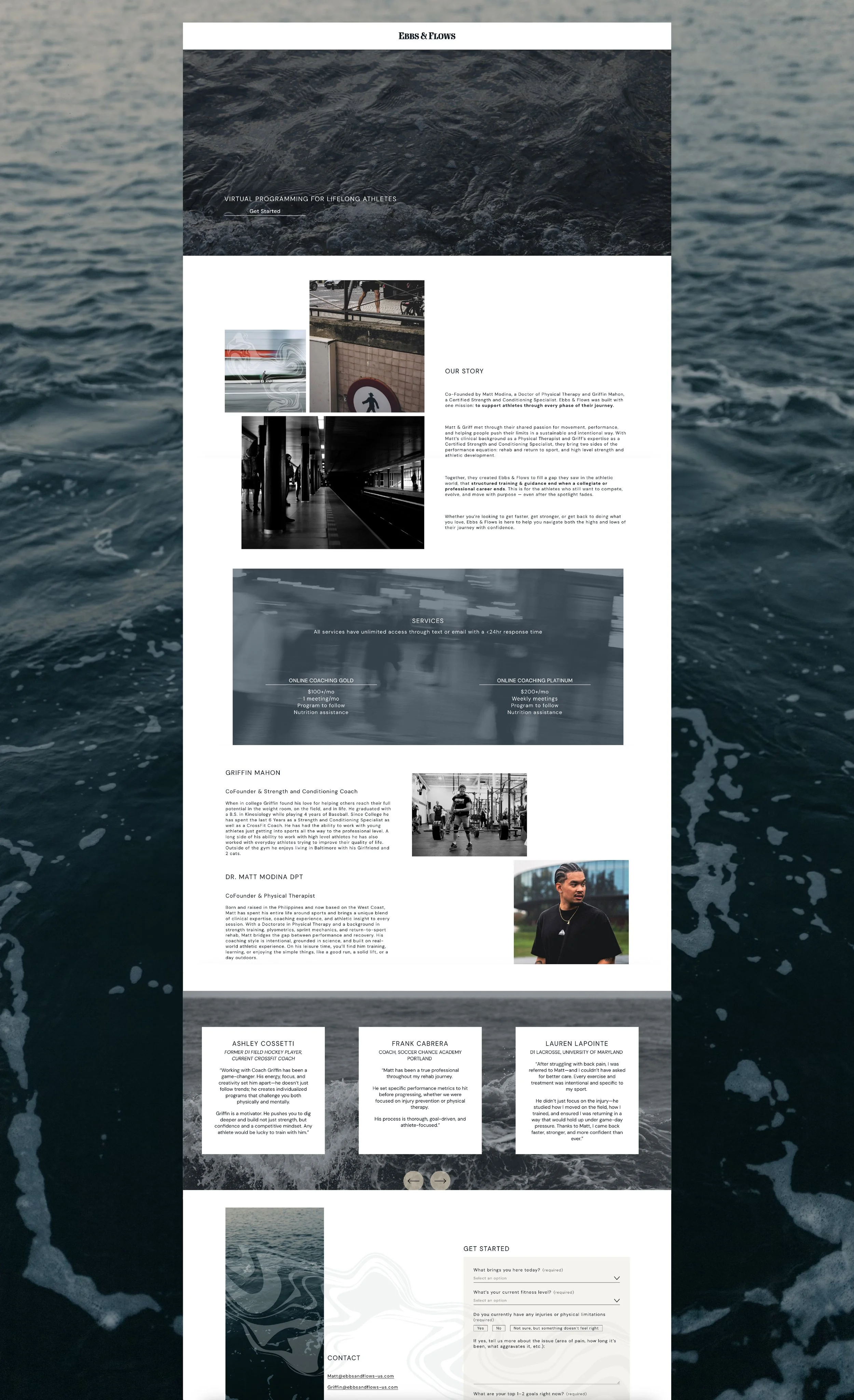 A webpage titled "Ebbs & Flows" featuring virtual programming for lifelong athletes, with sections on their story, services, staff profiles, and a contact form. The background shows a water surface with ripples.