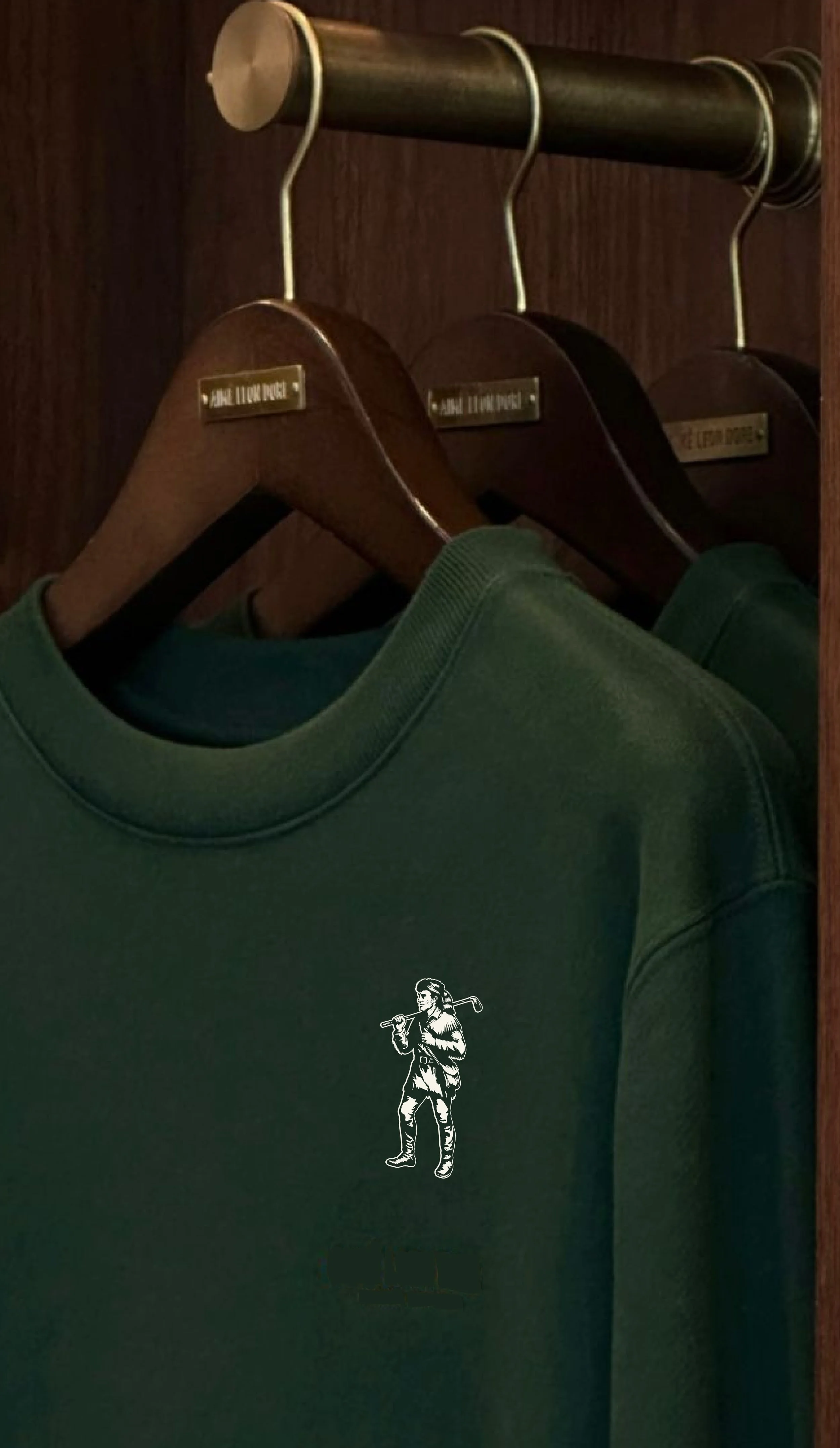 Green t-shirt with a graphic of a person carrying a baseball bat, hanging on a wooden hanger inside a closet.