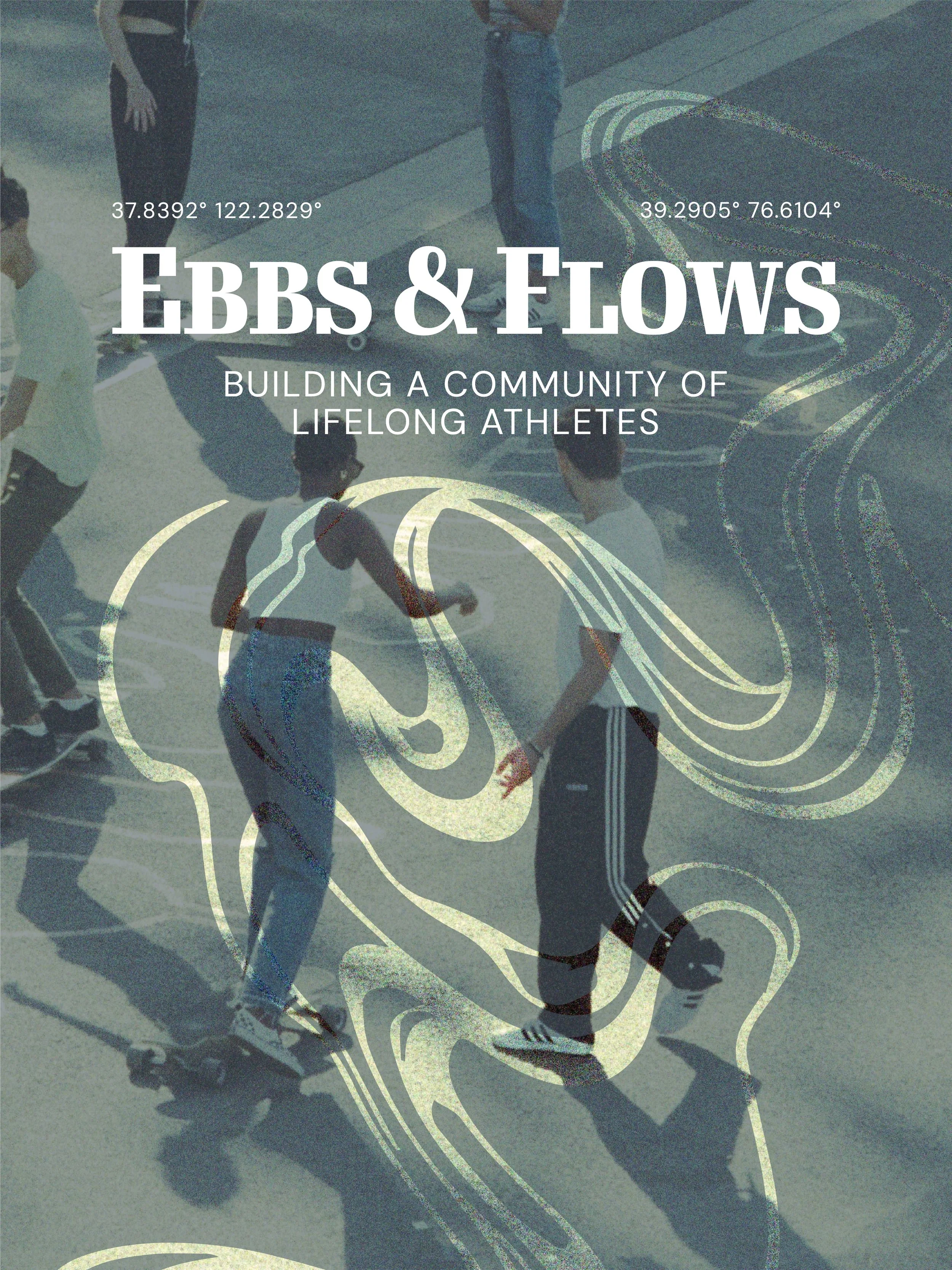 "Ebbs and Flows" logo on top of people skateboarding at a park