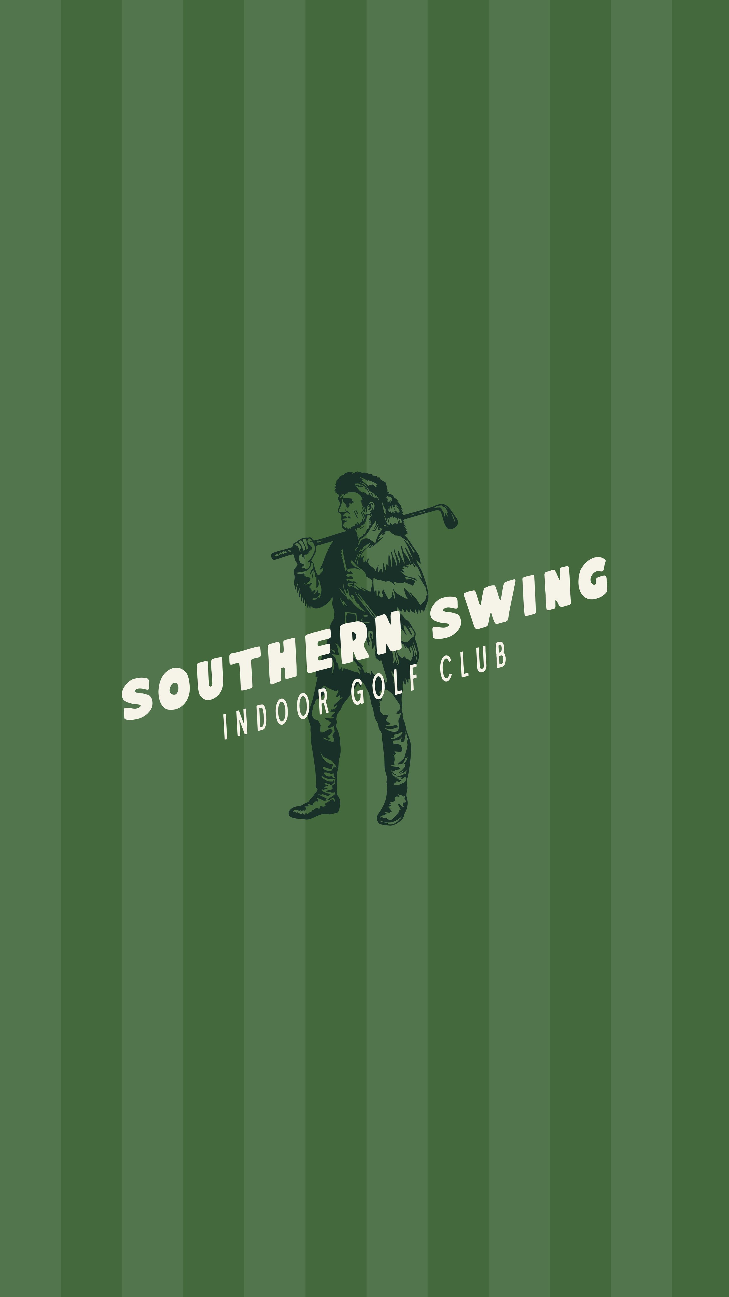 Southern Swing Indoor Golf Club primary logo on top of green striped pattern