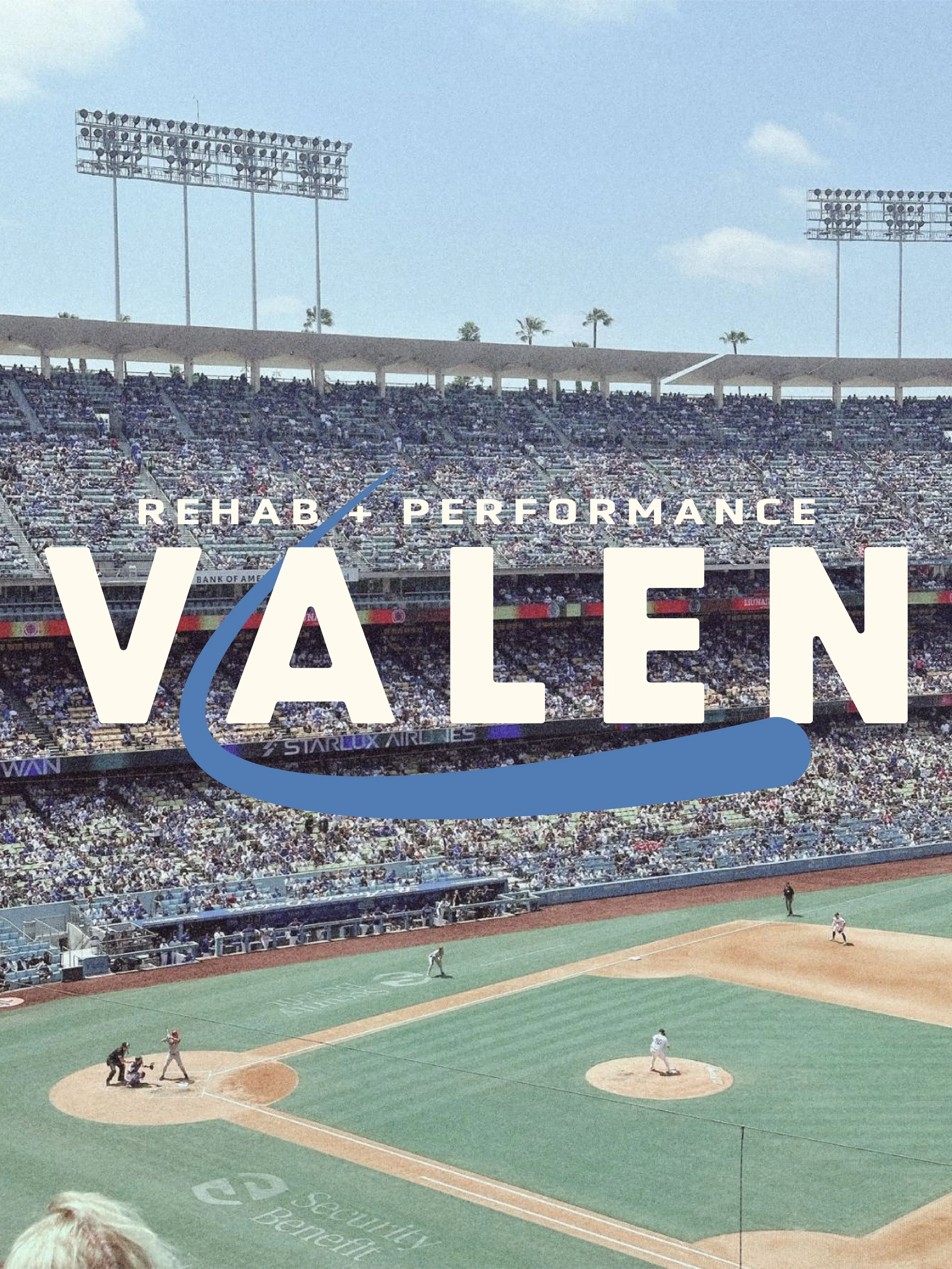 Valen Rehab and Performance logo placed on top of baseball stadium background