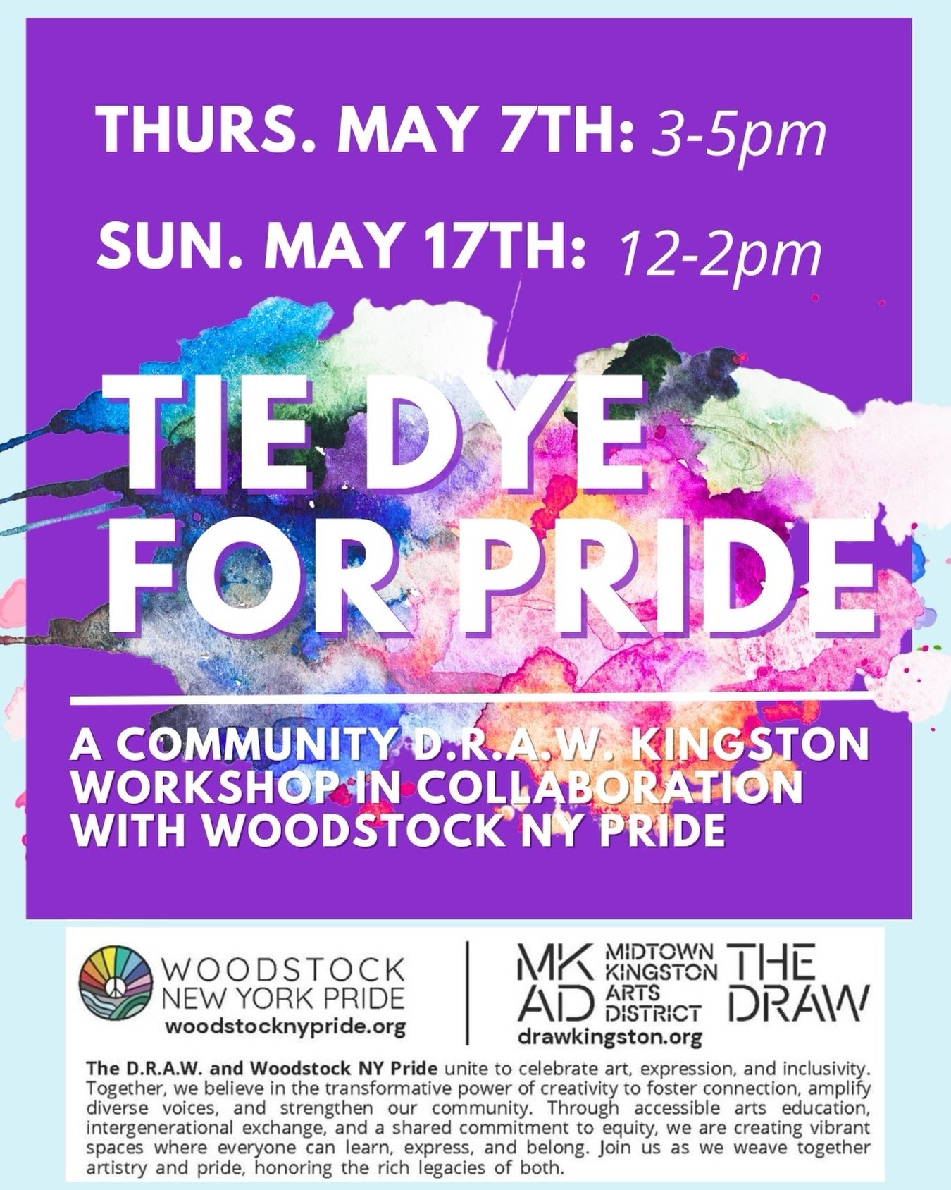 Get ready to make some magic! ✨
Join us for Tie-Dye for Pride &mdash; a free, all-ages community D.R.A.W. workshop with Woodstock NY Pride, happening May 7th and May 17th in Kingston. 🌈
Tie-dye a shirt on-site as a fundraiser supporting Woodstock Pr