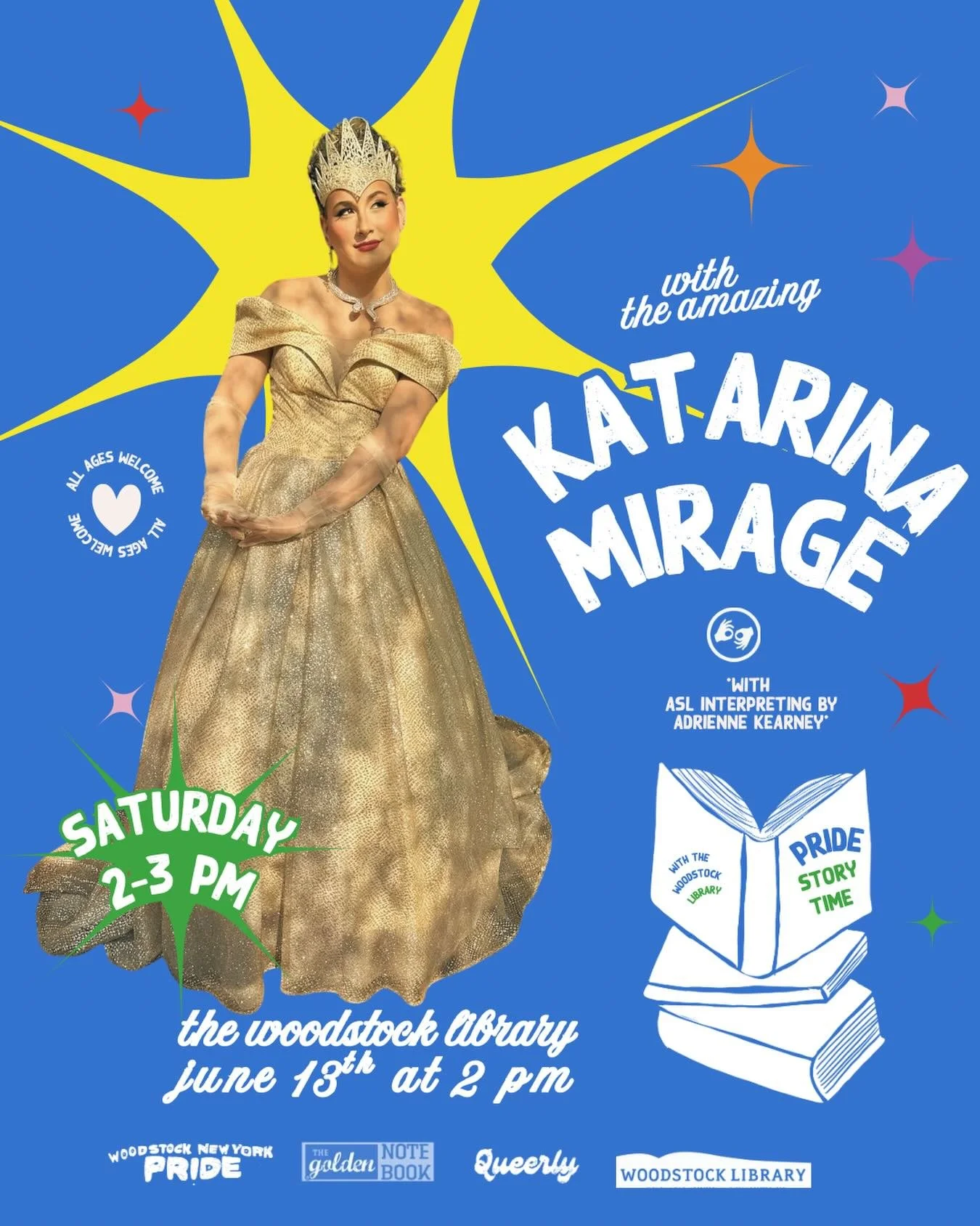 🌈📚✨ Story Time with Katarina Mirage ✨📚🌈

Join us at the Woodstock Library for a special Pride Story Time with the fabulous Katarina Mirage.

Filled with stories, laughter, imagination, and fun, this family-friendly event celebrates kindness, crea