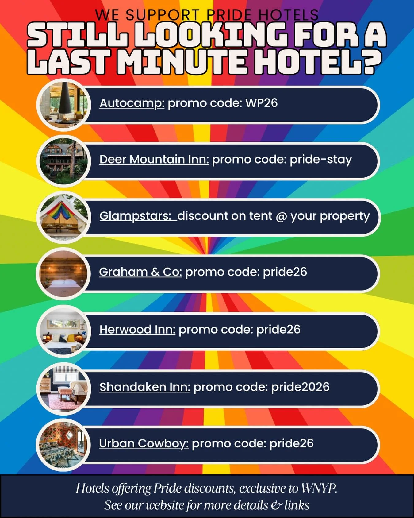 Still need a place to stay pride weekend? 🛌

Woodstock Pride has partnered with SIX different hotels in the Hudson Valley to put you right in the middle of Pride Alley! 

And ONE special opportunity to kick a guest out of your house into a beautiful