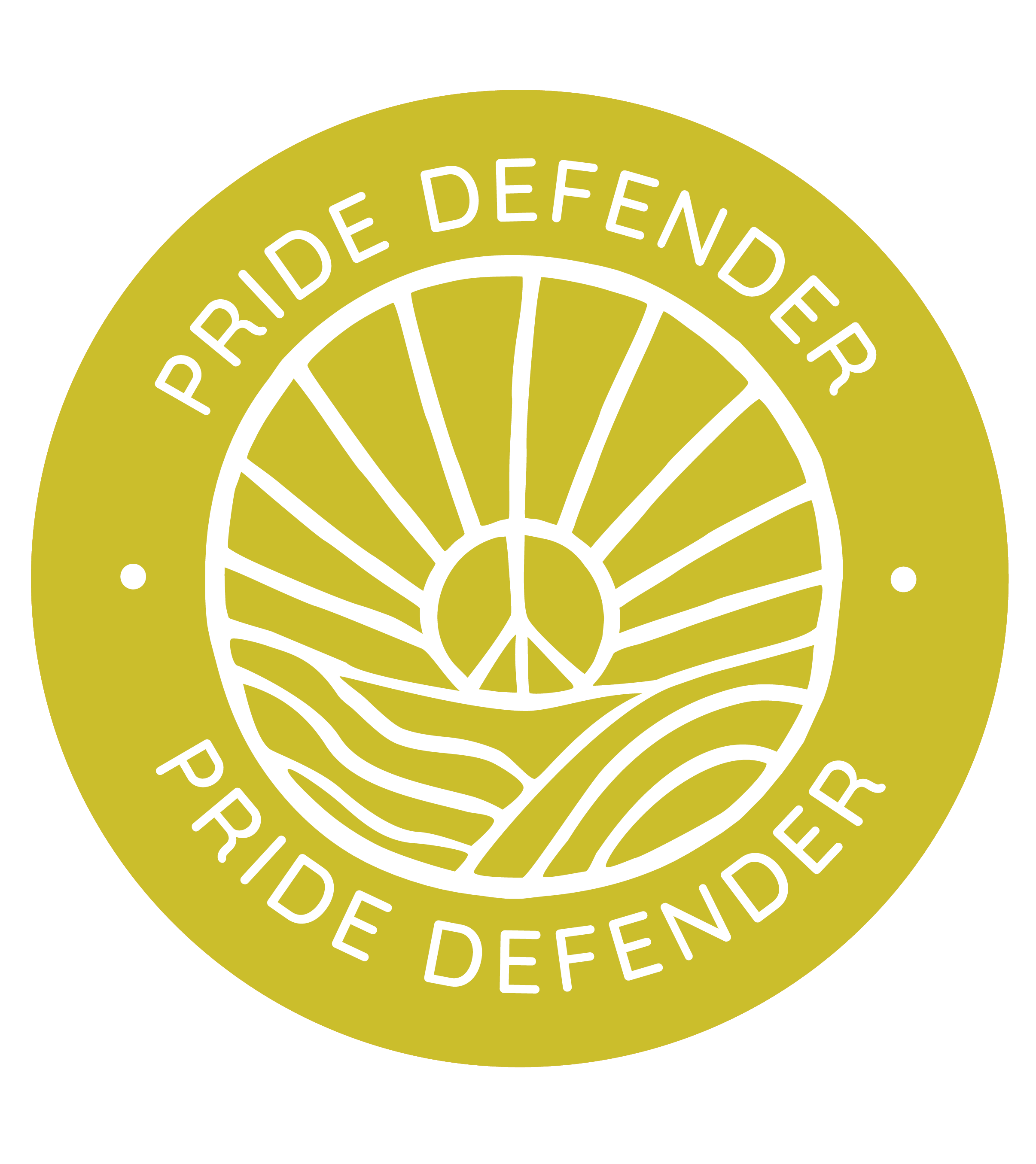 Logo with "Pride Defender" text and peace symbol
