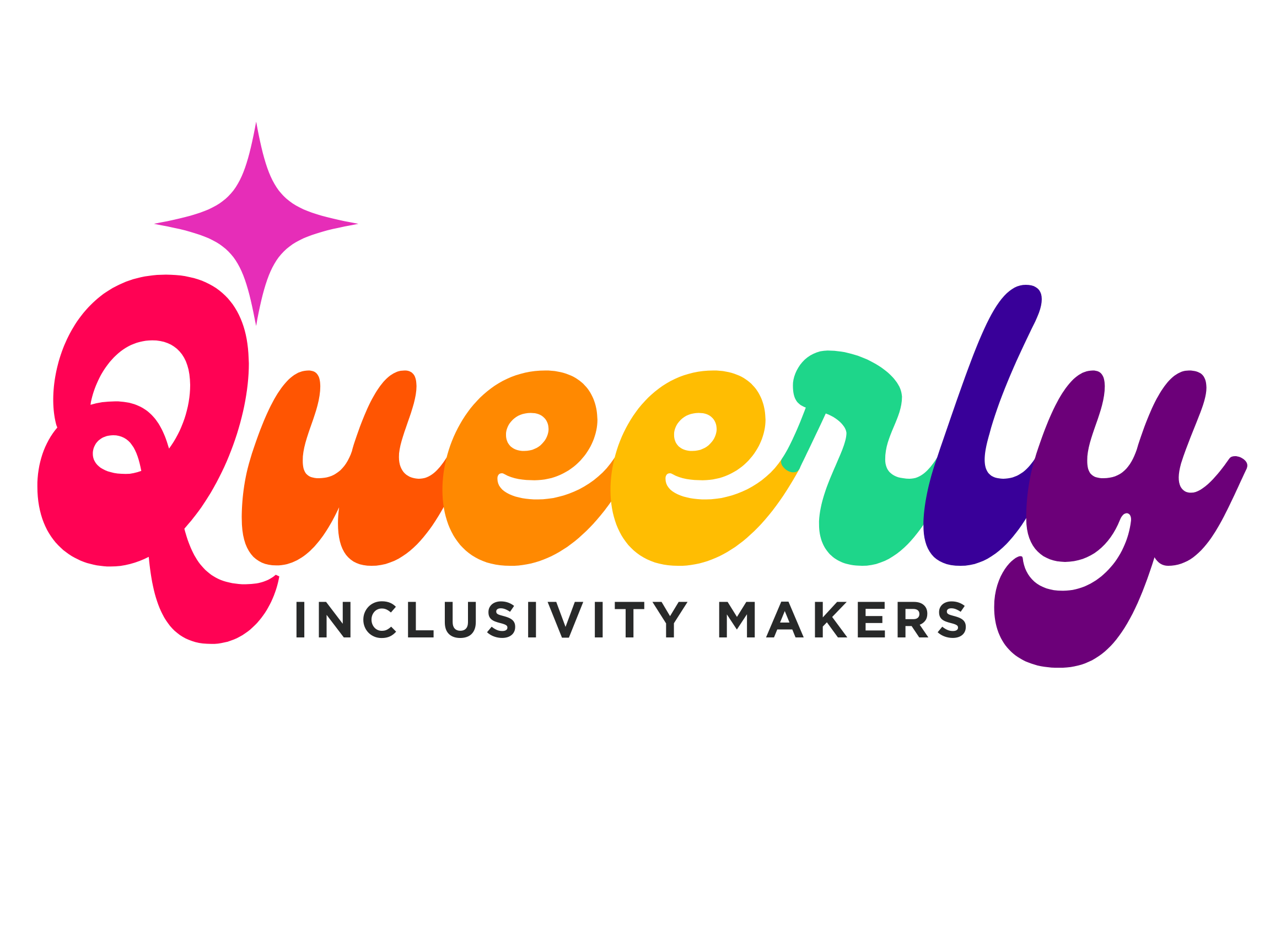 "Queerly Inclusivity Makers" logo with rainbow gradient text and a purple star symbol.