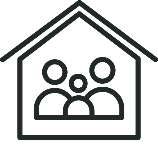 Icon of a house with three people inside, representing family or community.