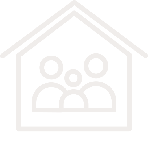 A line drawing of a family inside a house.