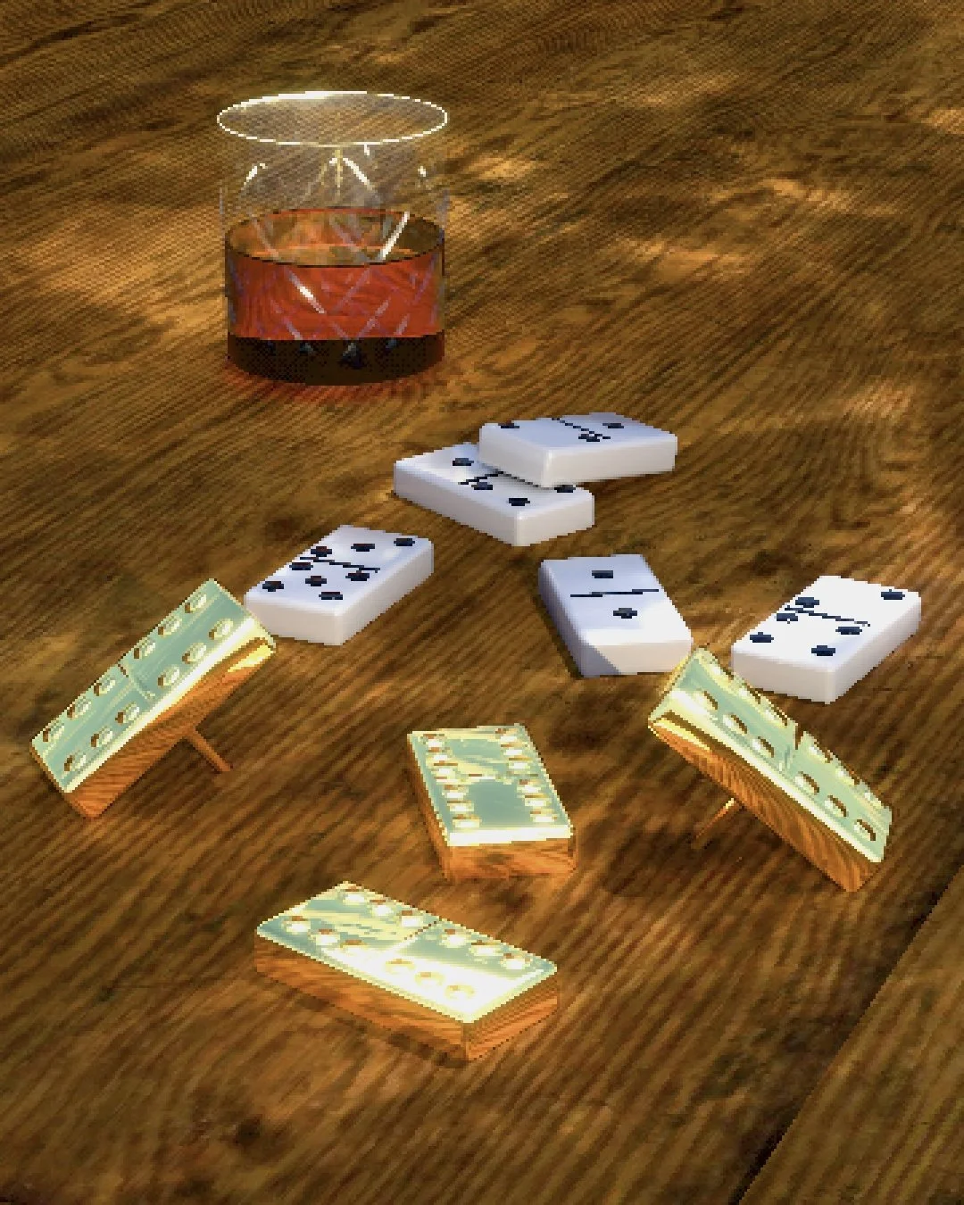 Des dominos et un verre de whisky sur une table en bois.