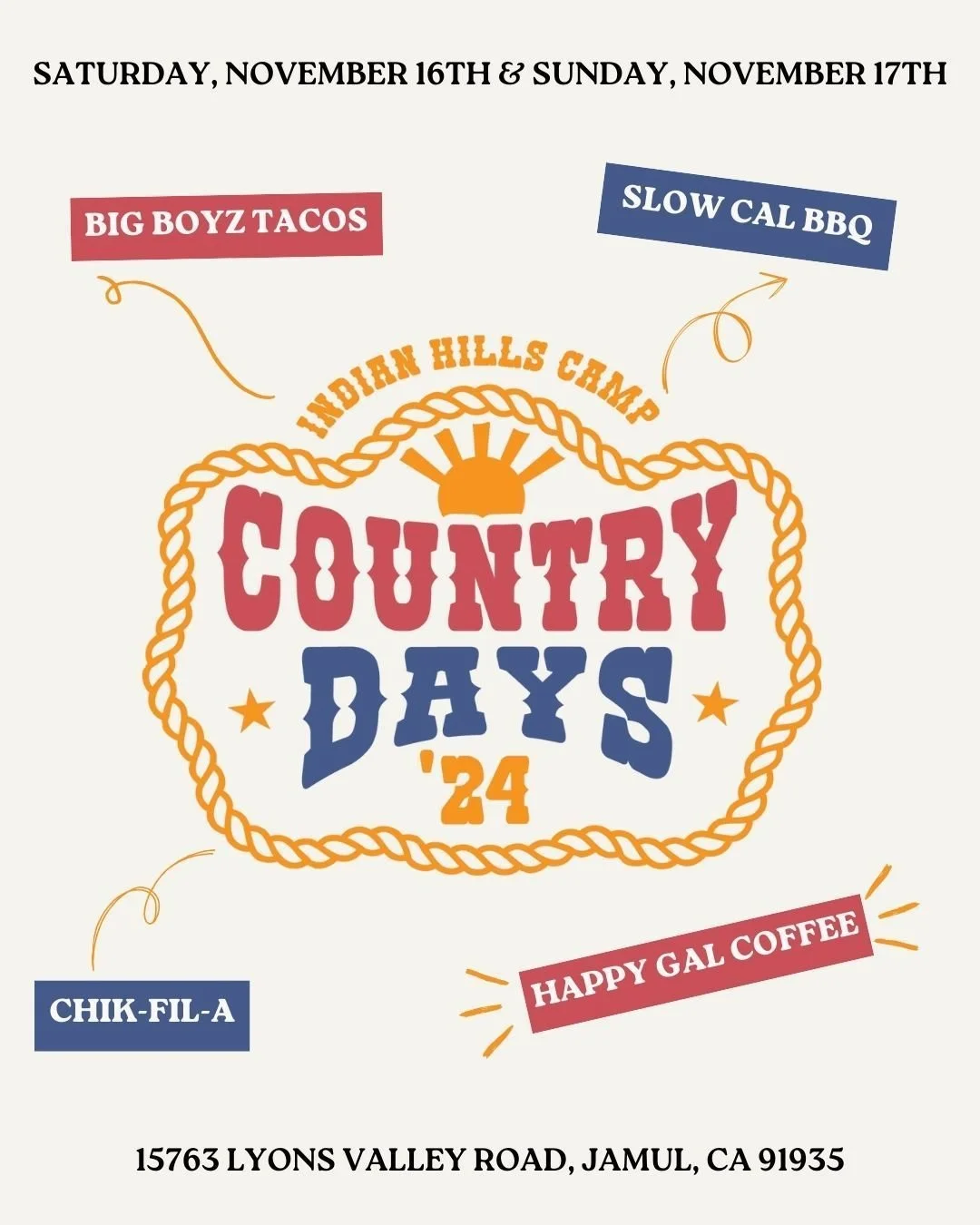 This year's food vendors are lined up, and we are excited! Be sure to mark your calendars for our annual Country Days! This community event is free entry, so bring your friends, and let's fill camp.