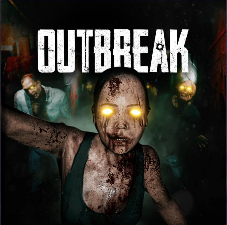A zombie girl with glowing yellow eyes, blood on her face and body, in front of three other zombies with glowing eyes, and the word 'OUTBREAK' in large white letters at the top.
