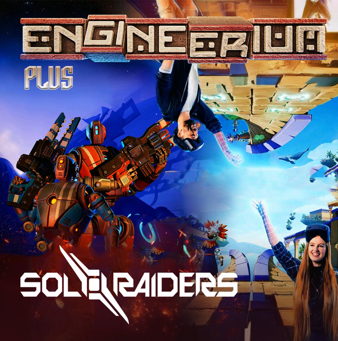Cover art for the video game 'Engine Therapy Plus Soldiers Raiders' featuring a large robot, a person wearing a virtual reality headset, and a woman holding a VR headset with a lively, colorful fantasy battle scene in the background.