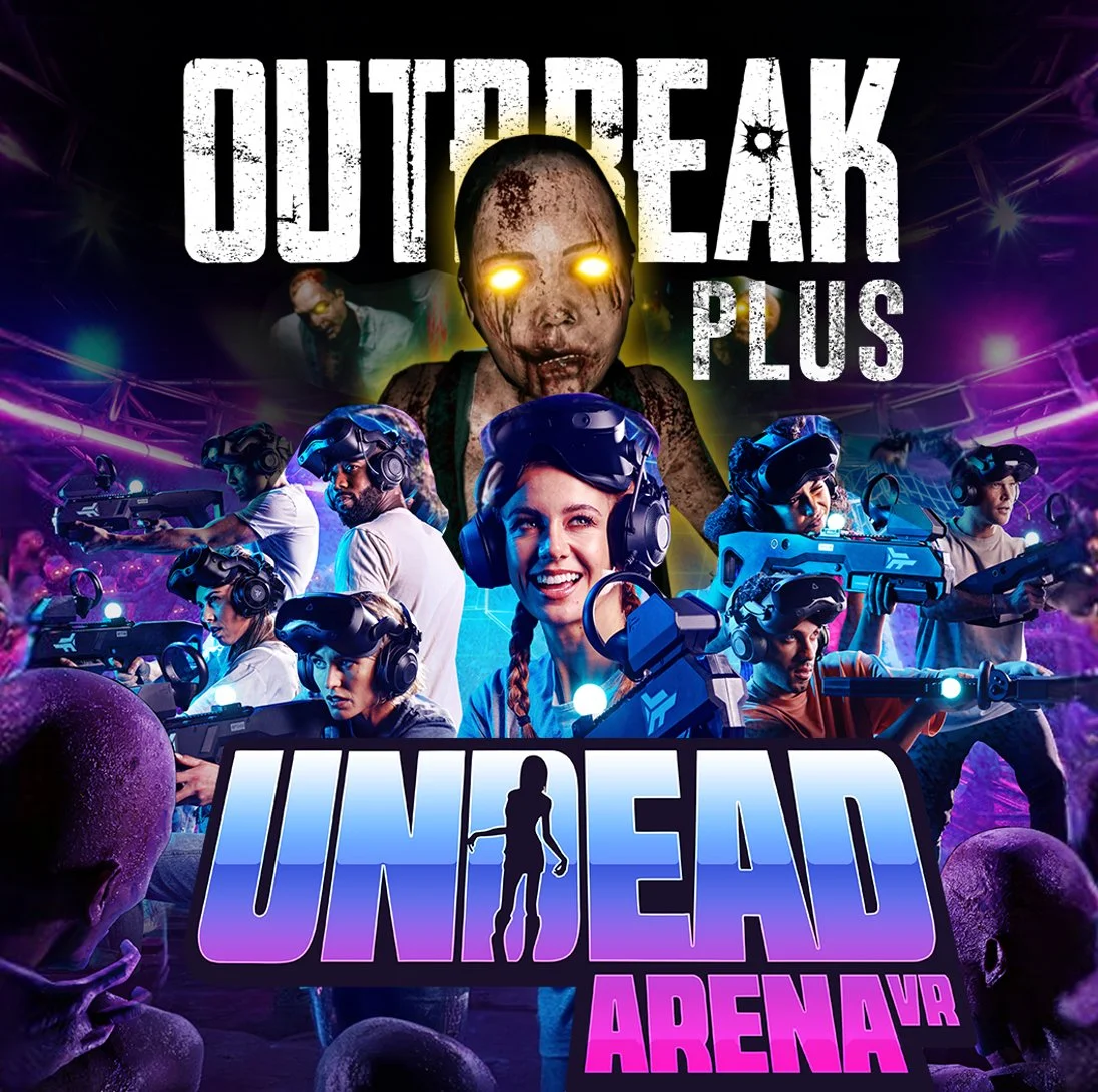 A promotional poster for a virtual reality game featuring a zombie apocalypse theme. The poster shows a smiling woman wearing a VR headset in front of a scene with multiple players wielding futuristic guns. A large, zombie-like creature with glowing yellow eyes and decaying face dominates the background. The text reads 'Outbreak Plus' at the top and 'Unseen Arena VR' at the bottom, with vibrant purple, blue, and pink neon lighting and skulls in the foreground.