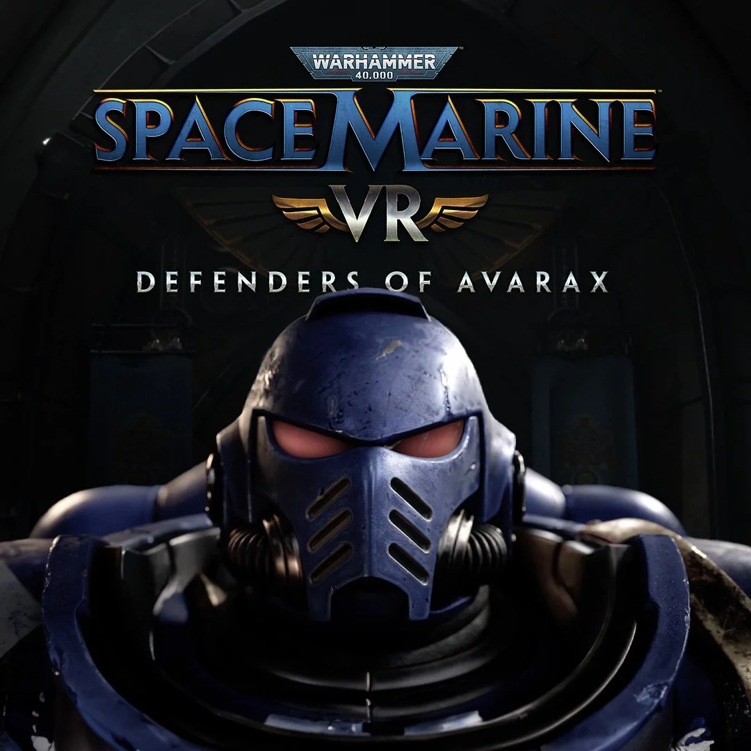 Artwork from Warcraft 40,000 Space Marine VR: Defenders of Avarax, showing a close-up of a Space Marine in blue power armor with a matching helmet and visor.