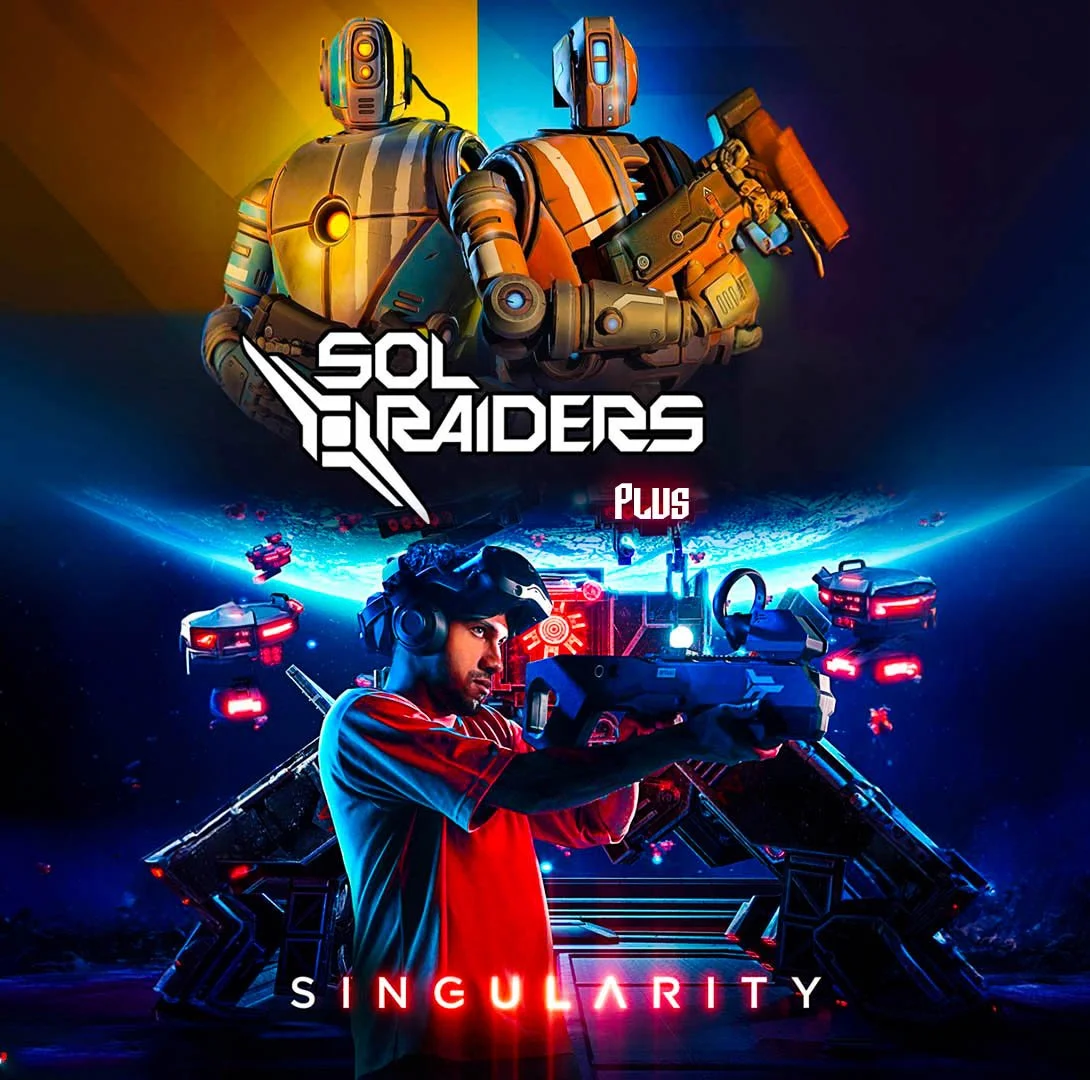 A poster featuring two robots and a human with a futuristic city and space background. The text says 'SOL RAIDERS PLUS' and 'SINGULARITY'.