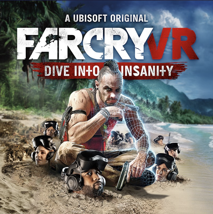 Cover art for the video game 'Far Cry VR: Dive Into Insanity' featuring a woman in a desert setting with a beach and mountains in the background, wearing a VR headset, surrounded by smaller figures with VR headsets and a gun, and digital graphics overlaying her arm.