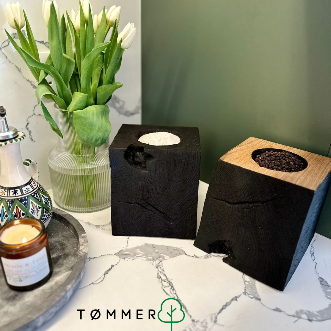 Large Salt and Pepper Shou Sugi Ban Pepper pots, great gift ides for new home gifts, Christmas gifts, handmade wooden gifts from Tømmer Yarm, Tees Valley.