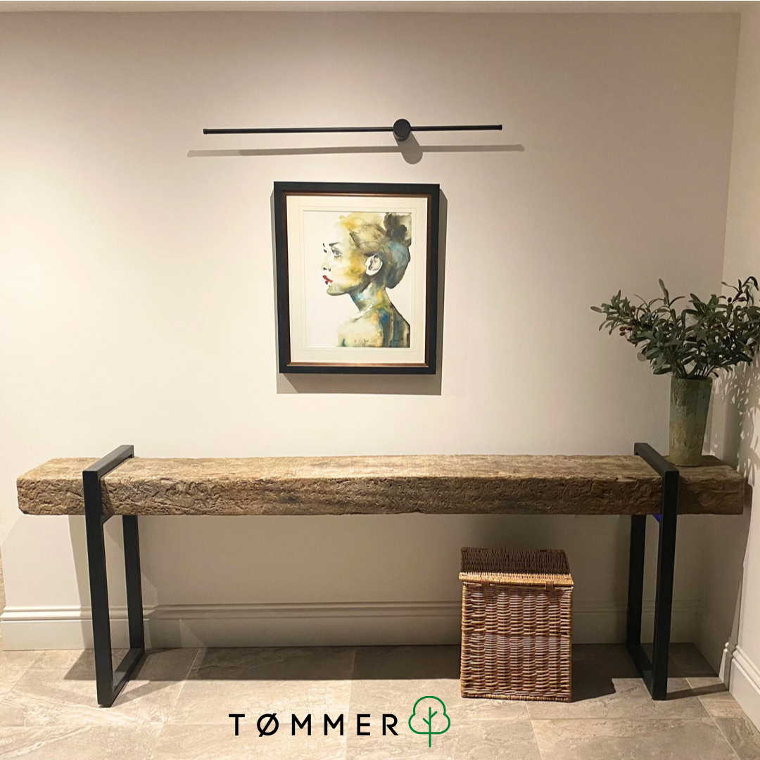 Hardwood Sleeper Table with Metal Legs.