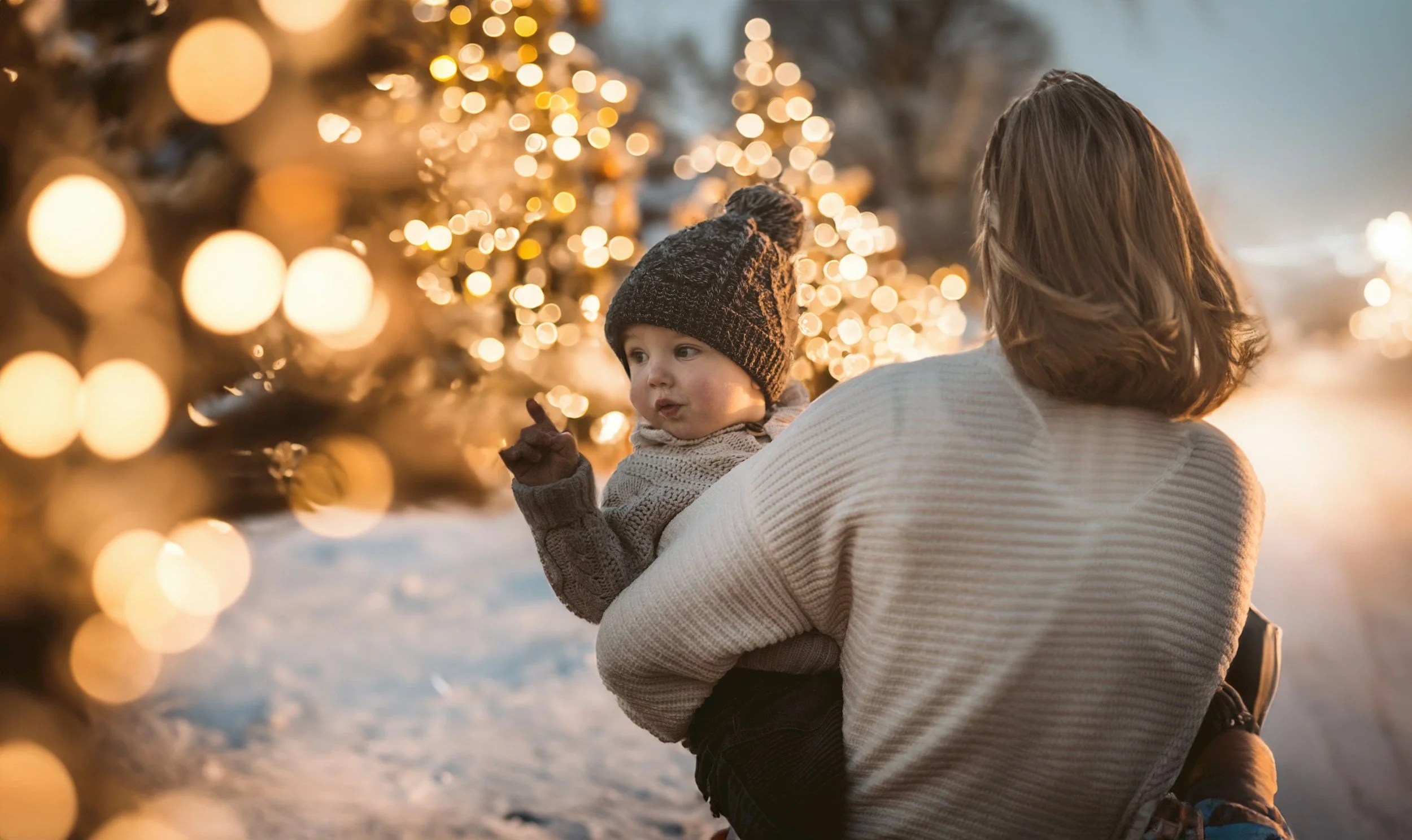 A parent holding a bundled baby while looking at holiday lights, representing the stress and tenderness of the season for new parents seeking postpartum support in Houston, TX.