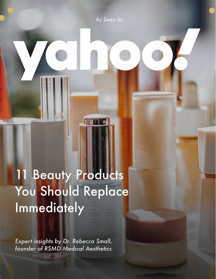 Cover of a beauty product magazine featuring an assortment of skincare bottles and containers on a vanity or countertop.