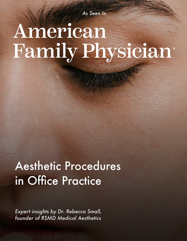 Close-up of a person's eye with neutral makeup and textured skin, with overlaid text about aesthetic procedures in office practice by Dr. Rebecca Small.