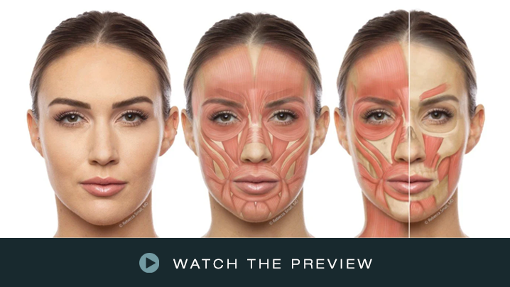 The image shows a comparison of a woman's face with a neutral expression, with overlaid illustrations highlighting facial muscles, and a partially overlaid facial anatomy diagram.