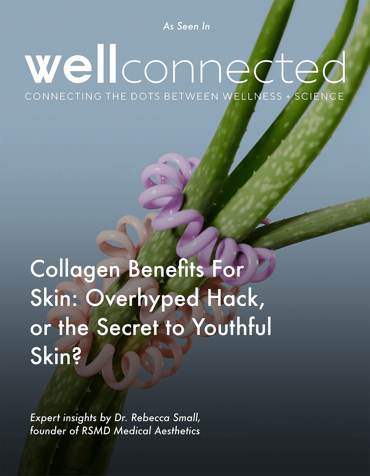 Book cover titled "Well Connected" with a background image of aloe vera plant and colorful curly hair bands, discussing collagen benefits for skin and youthful skin secrets.