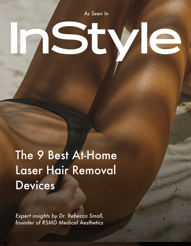 Close-up of a woman's abdomen and thighs on a sandy surface, wearing black swimwear, with the cover text of a magazine titled 'InStyle'.