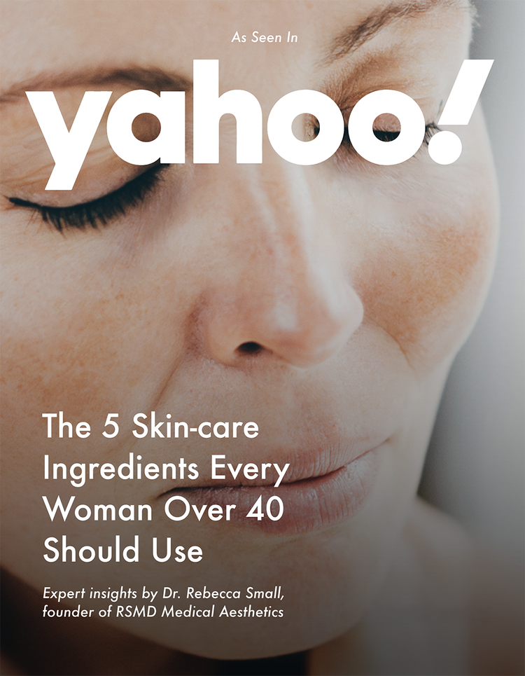 Close-up of a woman's face with closed eyes, showing skin with freckles and fine lines. Overlaid text promoting Yahoo's article about skin-care ingredients for women over 40.