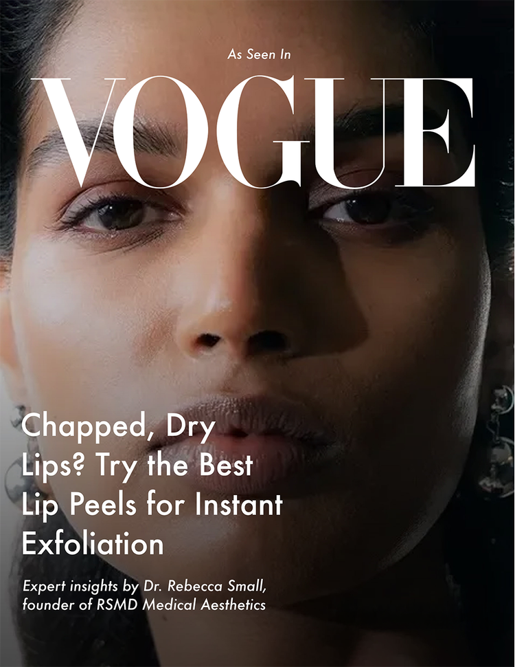 Close-up of a woman's face with dark hair, full lips, and earrings. Overlaid text includes 'As Seen In Vogue' and an article headline about lip exfoliation.