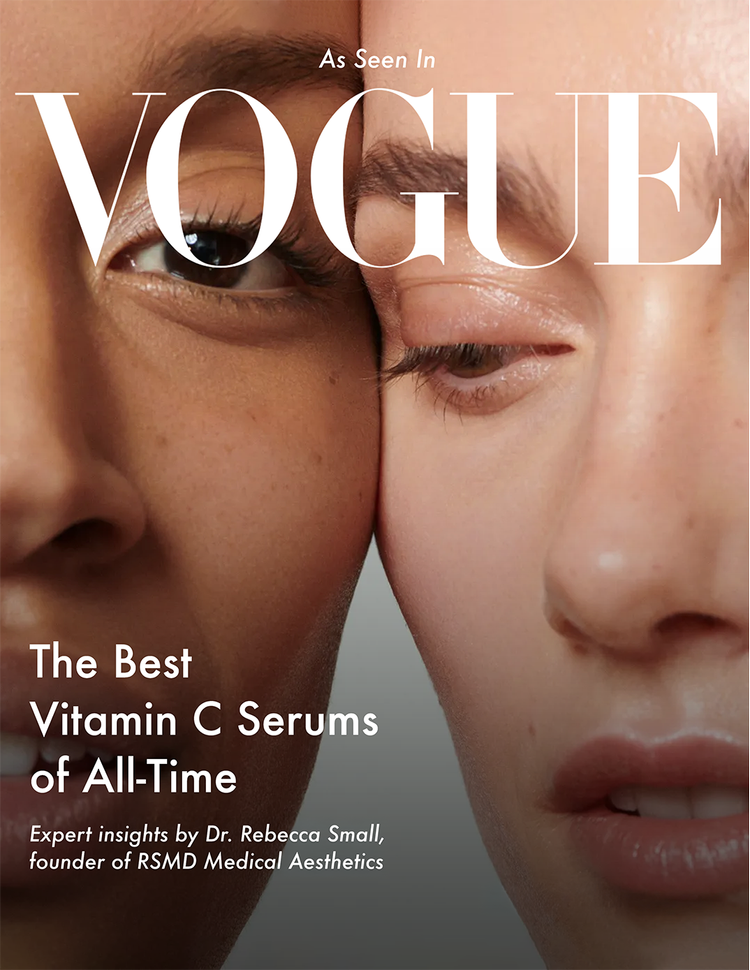 Close-up of two women with one winking, promoting Vogue's article about the best vitamin C serums, featuring insights by Dr. Rebecca Small.