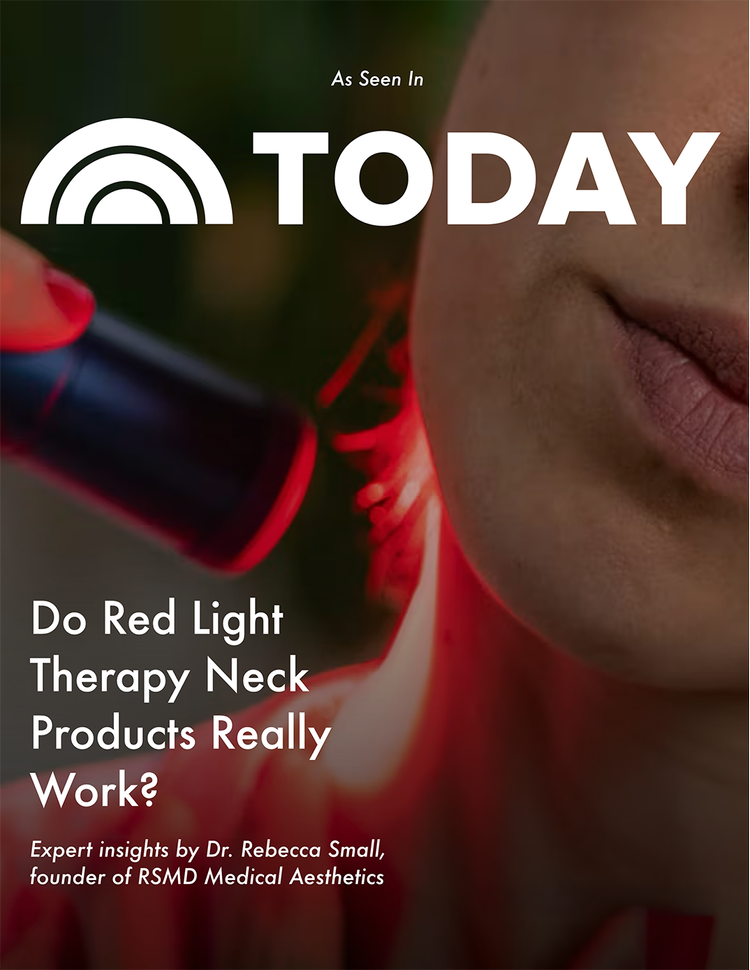 Close-up of a woman receiving red light therapy on her neck with a handheld device, with overlay text about red light therapy neck products.
