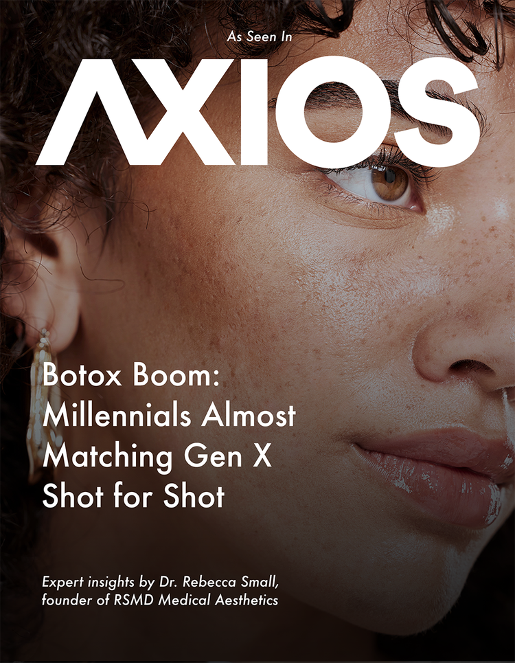 Close-up of a young woman's face highlighting her smooth skin, with text overlay: "As Seen In AXIOS. Botox Boom: Millennials Almost Matching Gen X Shot for Shot. Expert insights by Dr. Rebecca Small, founder of RSMD Medical Aesthetics."