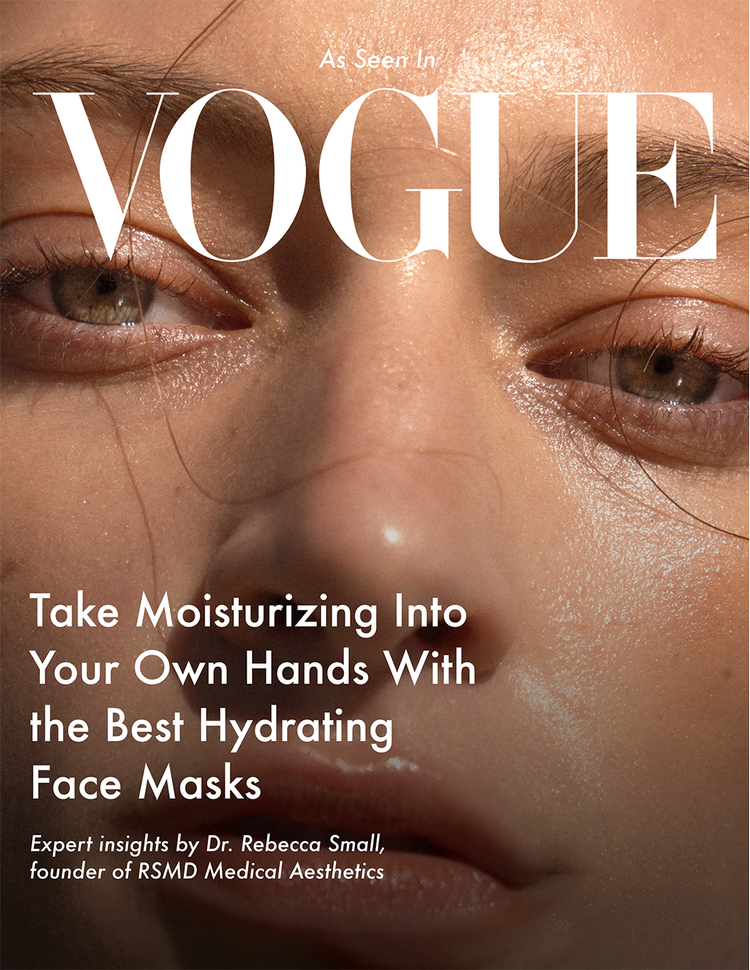 Close-up of a woman's face with dewy skin, highlighting the eyes, nose, and lips, overlaid with text promoting hydrating face masks as seen in Vogue magazine.