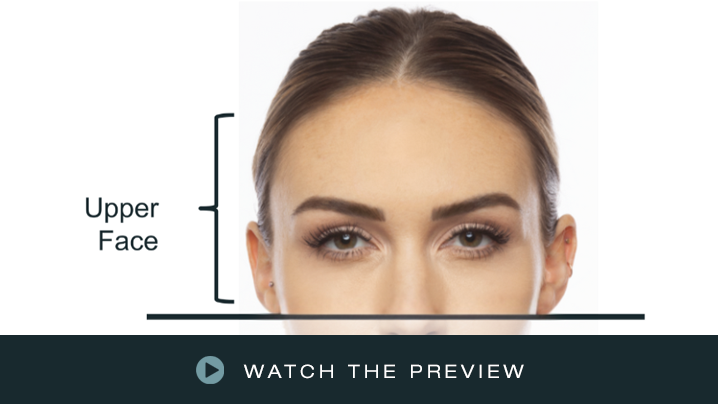 Close-up of a woman's upper face, showing her forehead, eyes, eyebrows, and part of her nose, with a neutral background.