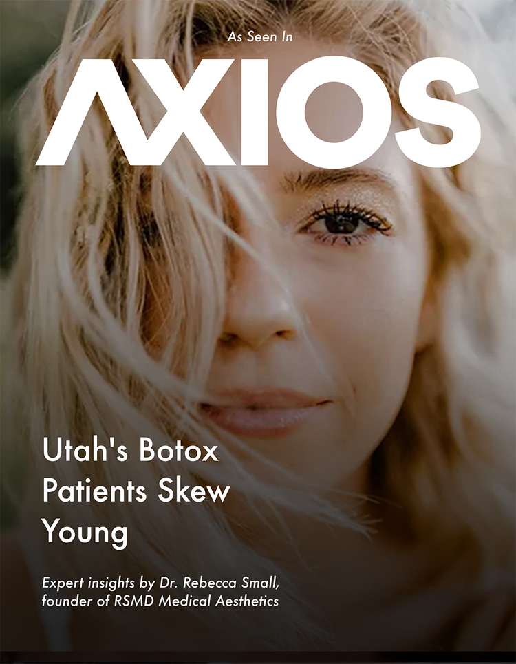Close-up of a young woman's face with blonde hair, partially covered by her hair, with text overlay about Botox patients in Utah.