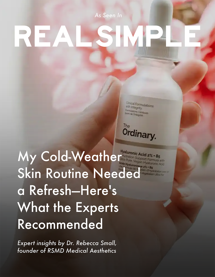 Close-up of a hand holding a bottle of The Ordinary skincare product with promotional text about cold weather skincare routine and expert recommendations.