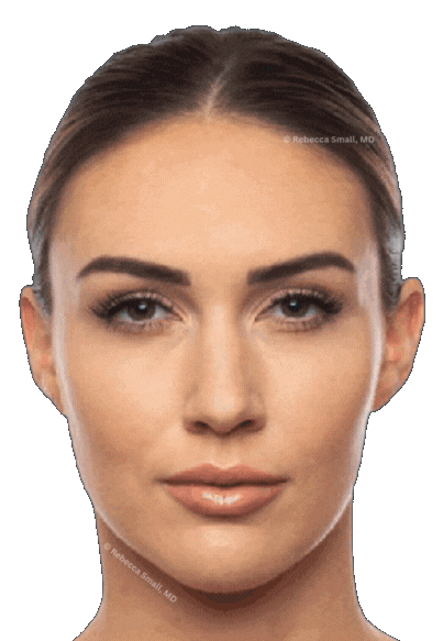 Close-up of a woman with dark brown hair pulled back, wearing makeup, looking directly at the camera.